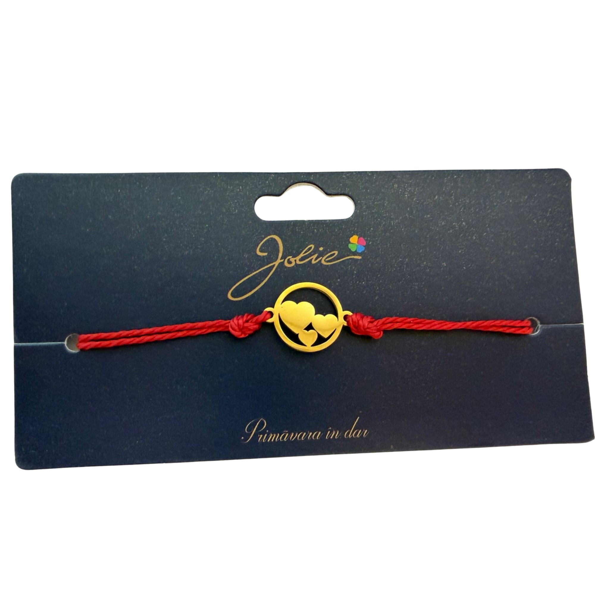 Martisor Bratara Primavara, Textil si Inox, Jolie, Snur Rosu, Model Trei Inimi, Auriu