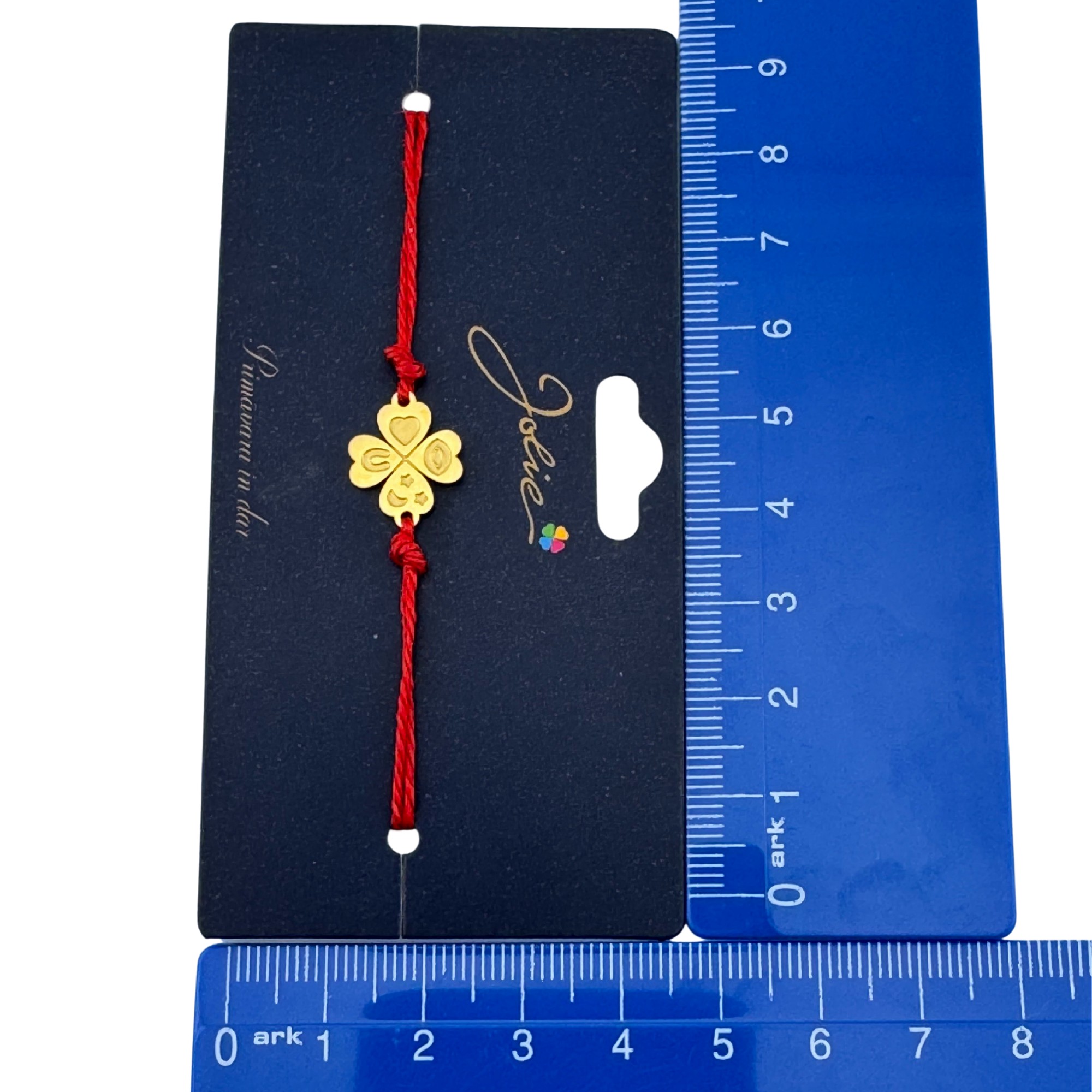 Martisor Bratara Primavara, Textil si Inox, Jolie, Snur Rosu, Model Trifoi cu Patru Foi, Auriu