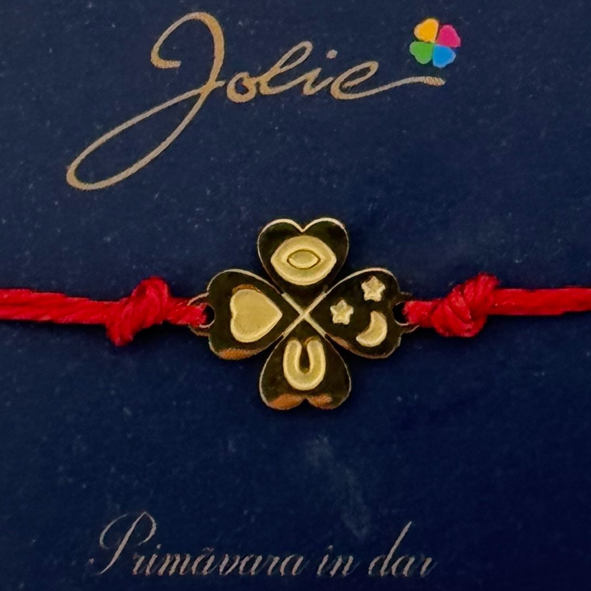 Martisor Bratara Primavara, Textil si Inox, Jolie, Snur Rosu, Model Trifoi cu Patru Foi, Auriu