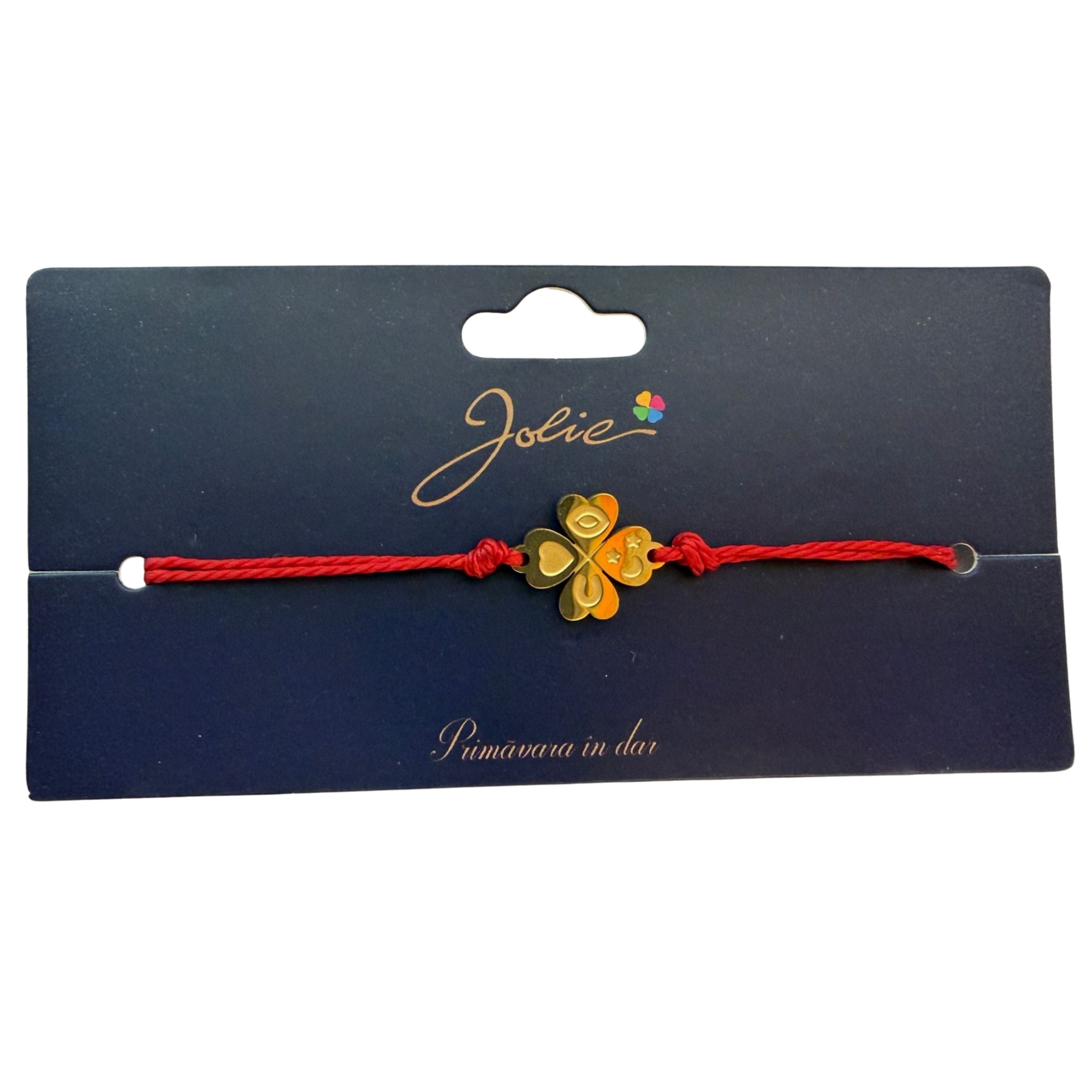 Martisor Bratara Primavara, Textil si Inox, Jolie, Snur Rosu, Model Trifoi cu Patru Foi, Auriu