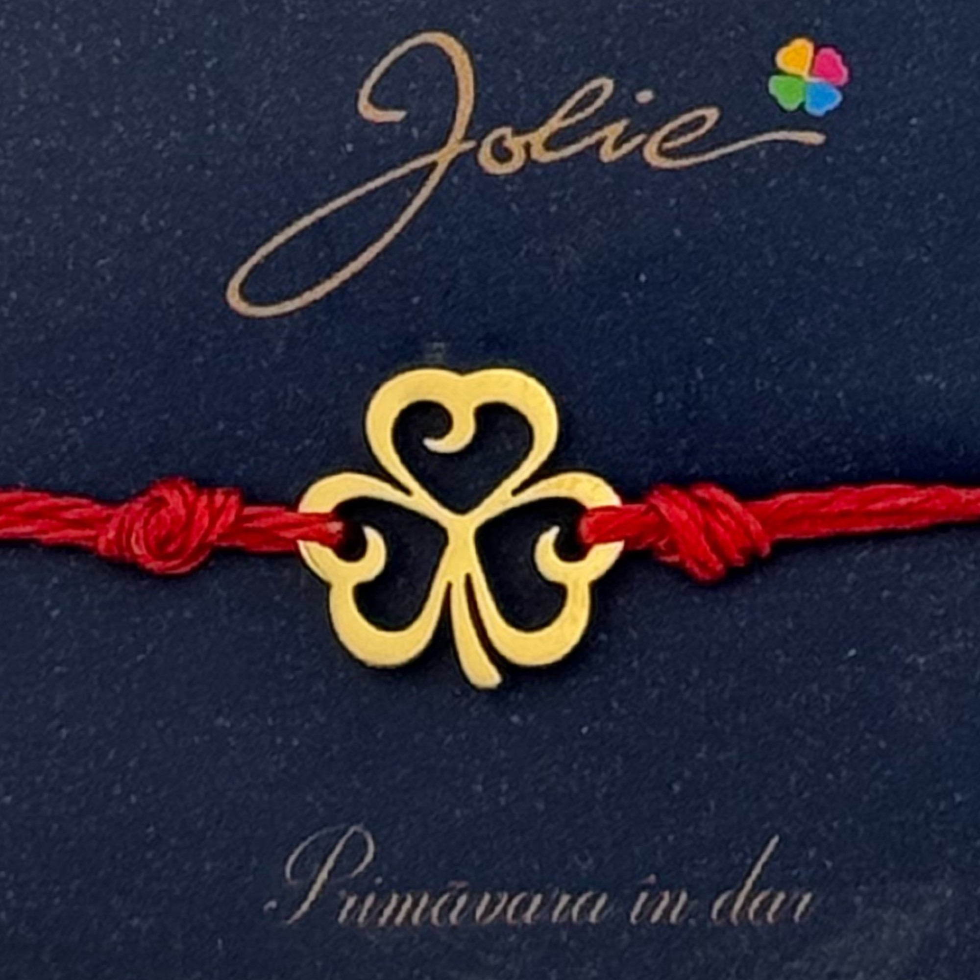 Martisor Bratara Primavara, Textil si Inox, Jolie, Snur Rosu, Model Trifoi, Auriu