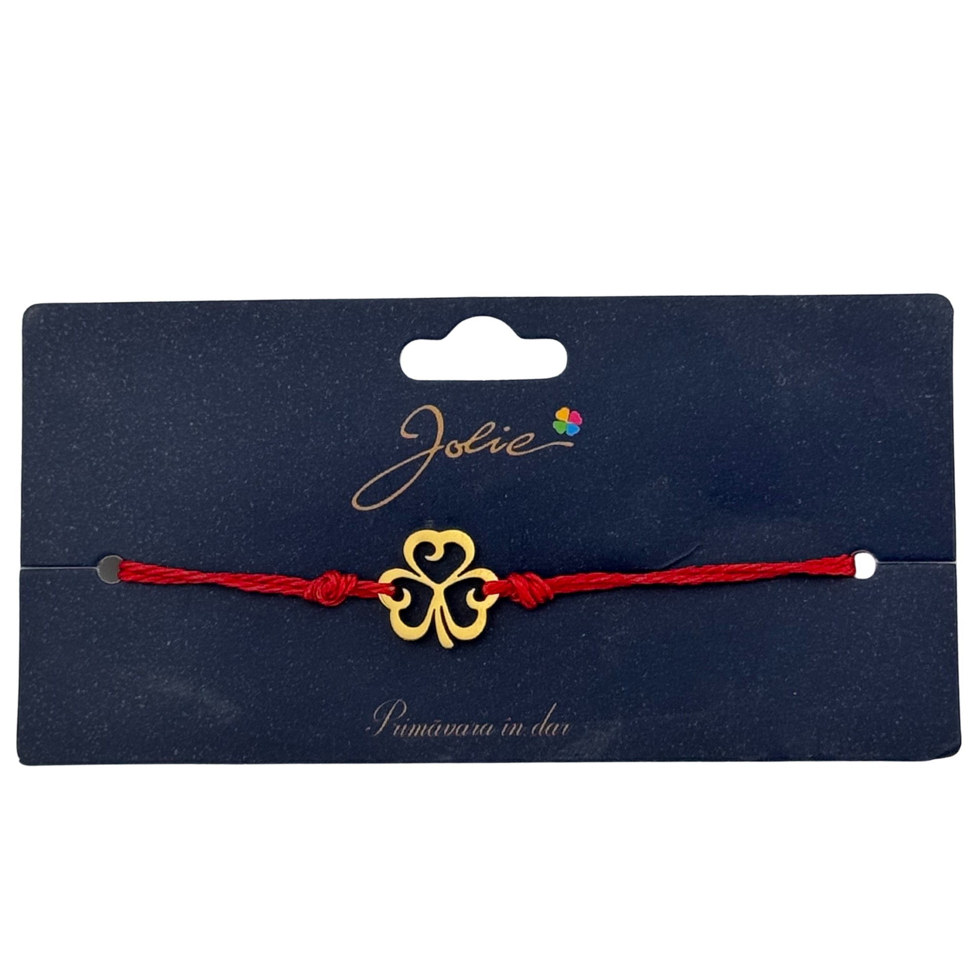 Martisor Bratara Primavara, Textil si Inox, Jolie, Snur Rosu, Model Trifoi, Auriu