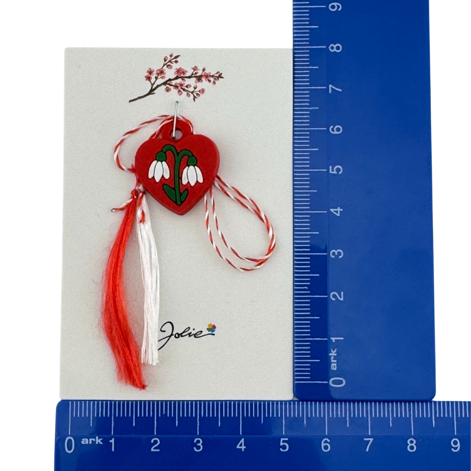 Martisor pentru Copii, Jolie, Material Cauciuc, Ambalaj Carton cu Design, Multicolor, Model Inima si Ghiocel