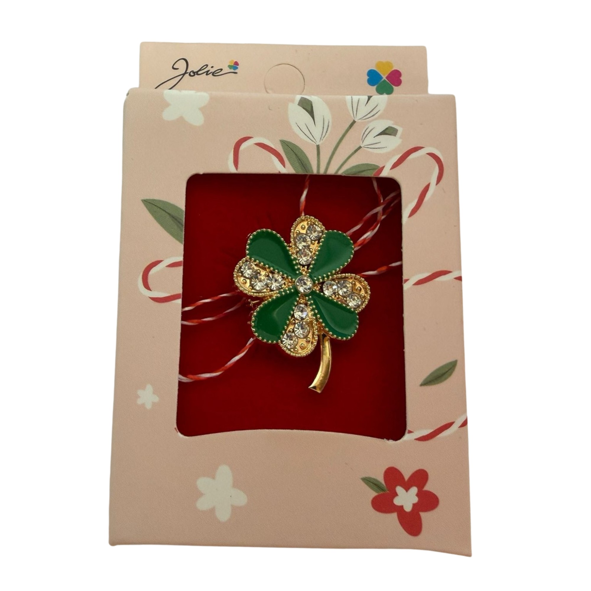 Martisor Brosa Mica in Cutie, Jolie, Dimensiune Brosa 2.5-3cm, Material Metal, Model Trifoi cu Patru Foi, Cutie Roz