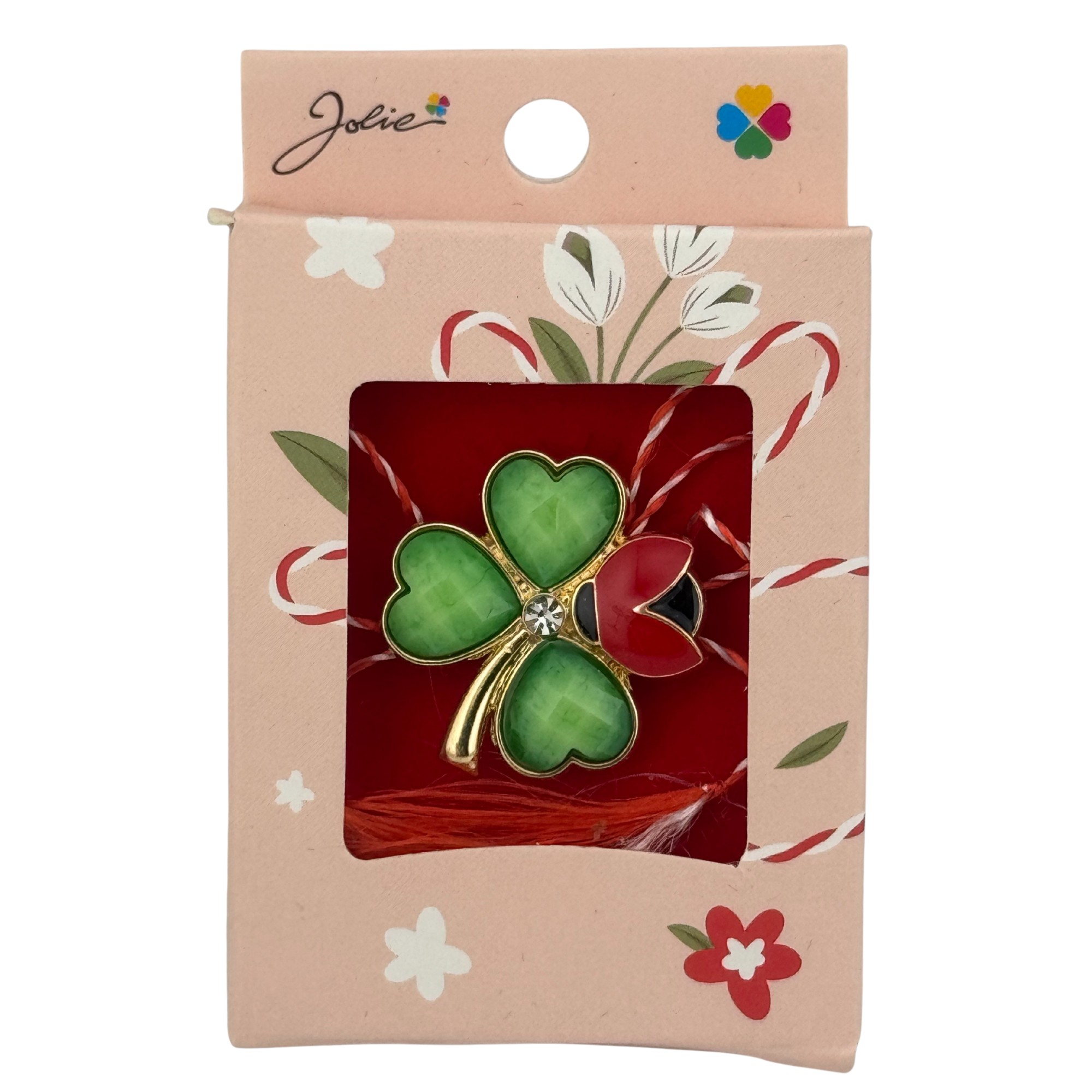 Martisor Brosa Mica in Cutie, Jolie, Dimensiune Brosa 2.5-3cm, Material Metal, Model Trifoi, Cutie Roz