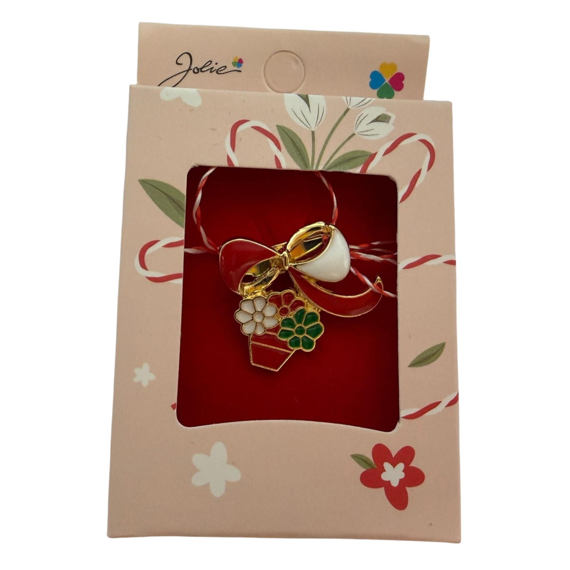 Martisor Brosa Mica in Cutie, Jolie, Dimensiune Brosa 2.5-3cm, Material Metal, Model Cos cu Flori, Cutie Roz