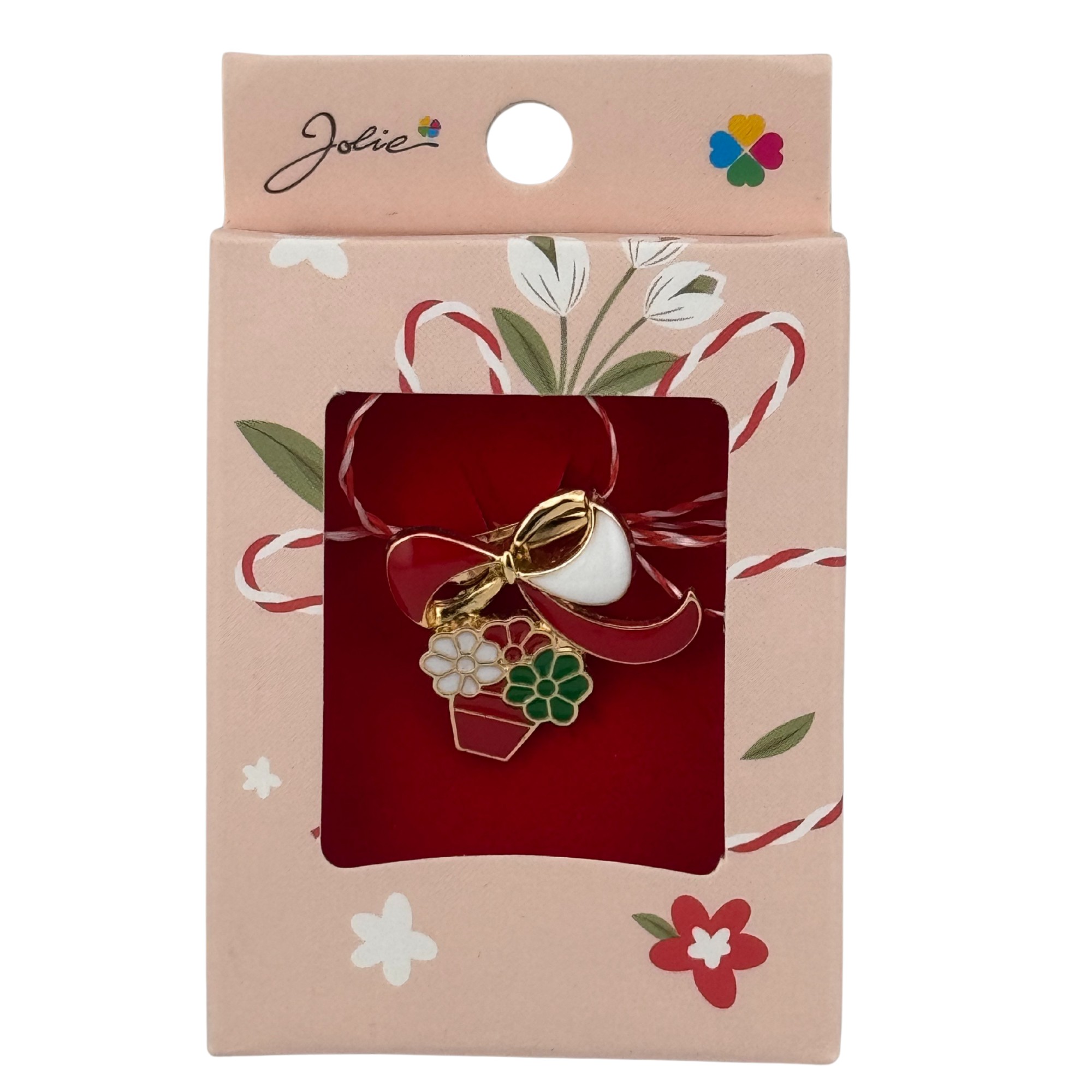 Martisor Brosa Mica in Cutie, Jolie, Dimensiune Brosa 2.5-3cm, Material Metal, Model Cos cu Flori, Cutie Roz