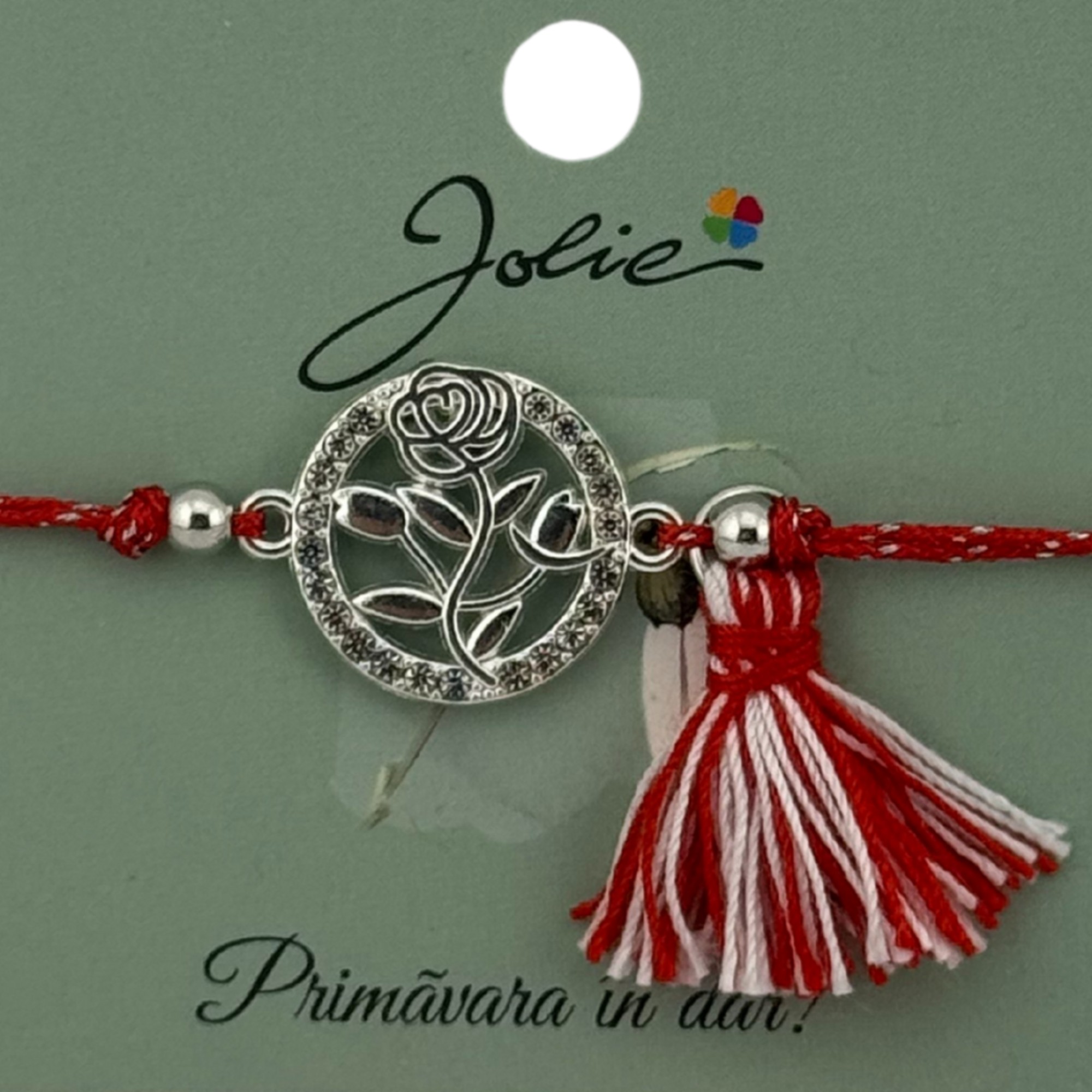 Martisor Bratara Ciucure, Jolie, Snur Rosu Reglabil, Model Trandafir, Argintie