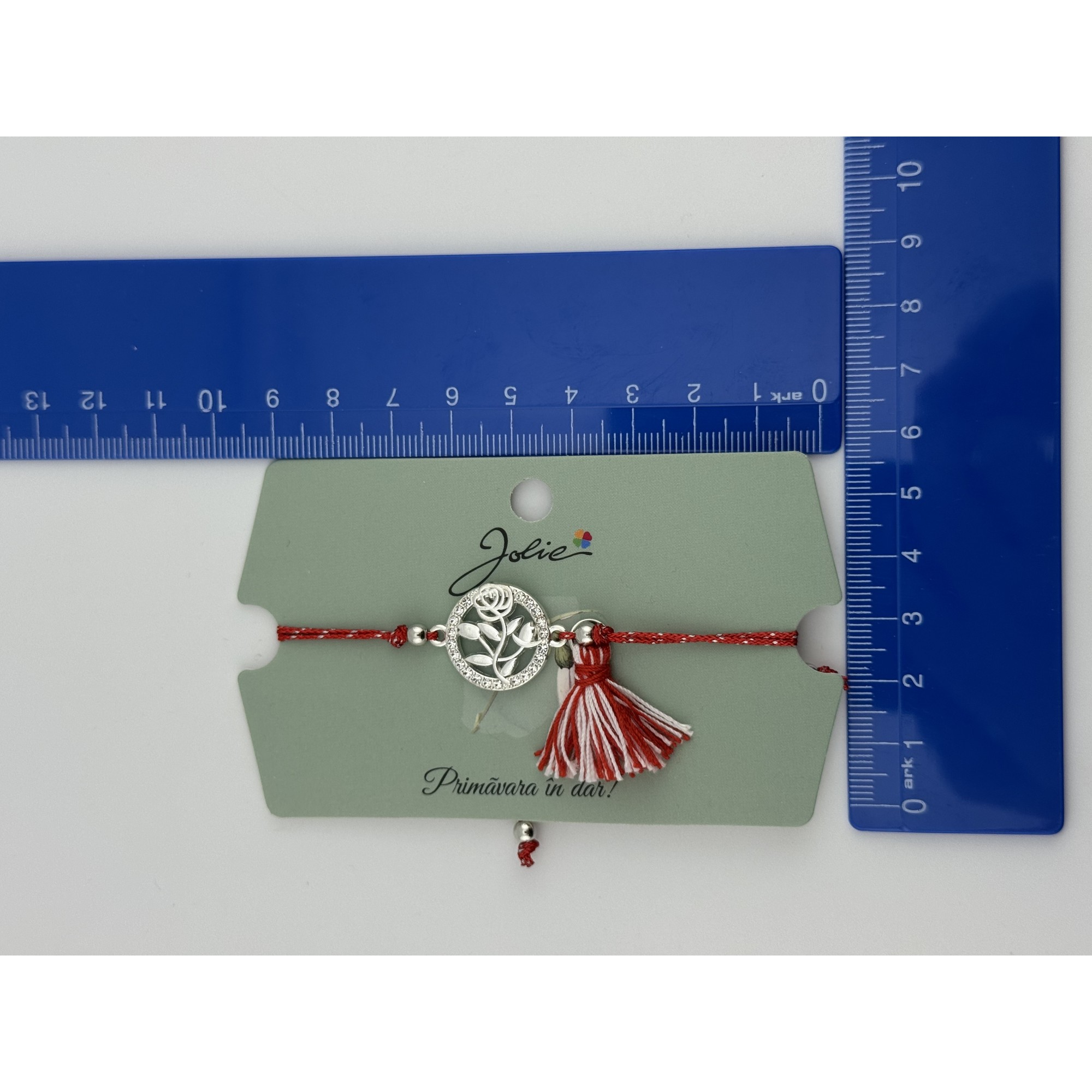 Martisor Bratara Ciucure, Jolie, Snur Rosu Reglabil, Model Trandafir, Argintie