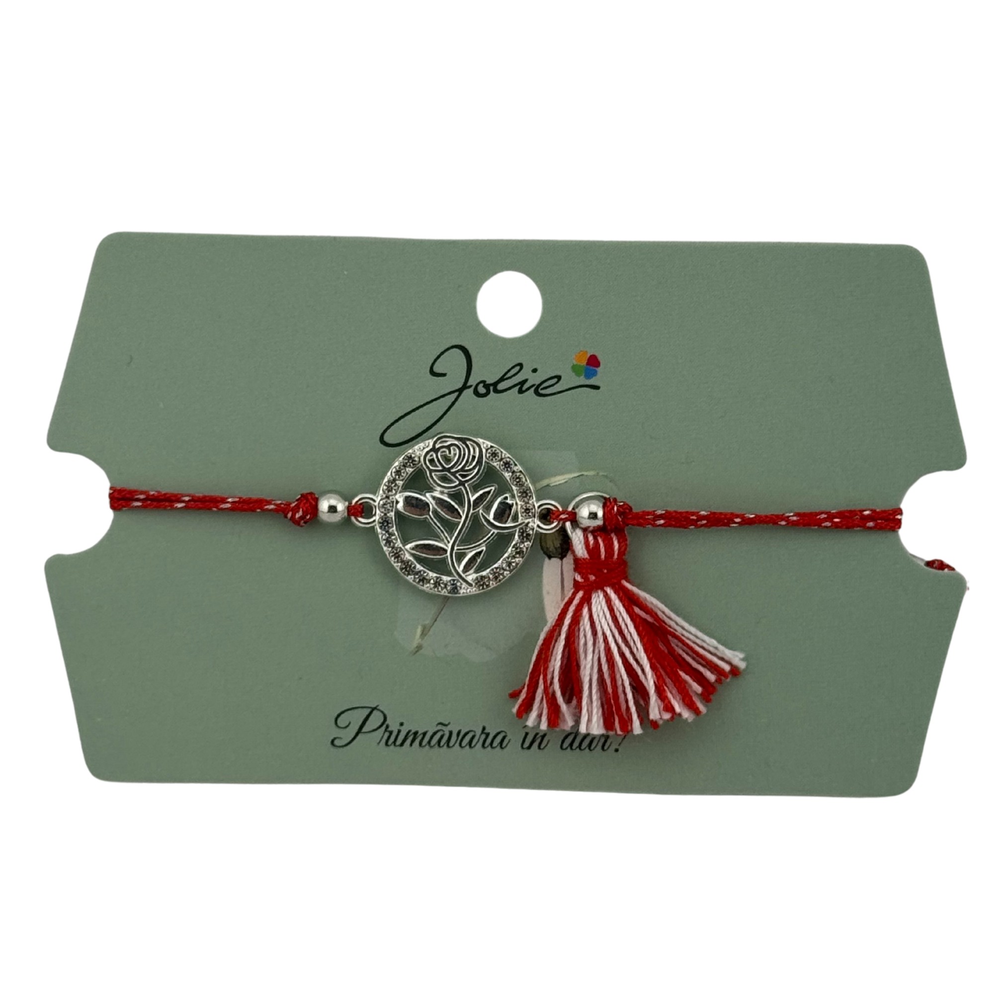 Martisor Bratara Ciucure, Jolie, Snur Rosu Reglabil, Model Trandafir, Argintie