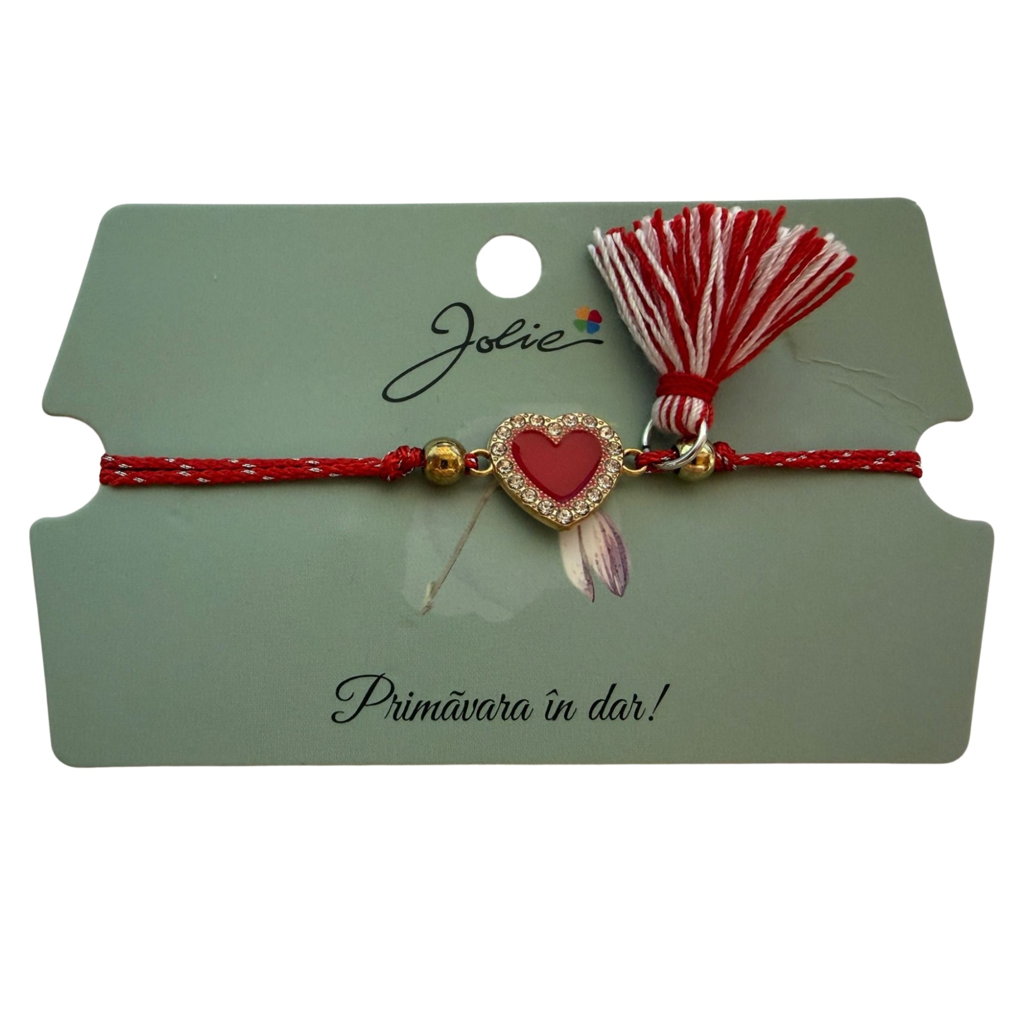 Martisor Bratara Ciucure, Jolie, Snur Rosu Reglabil, Model Inima Rosie