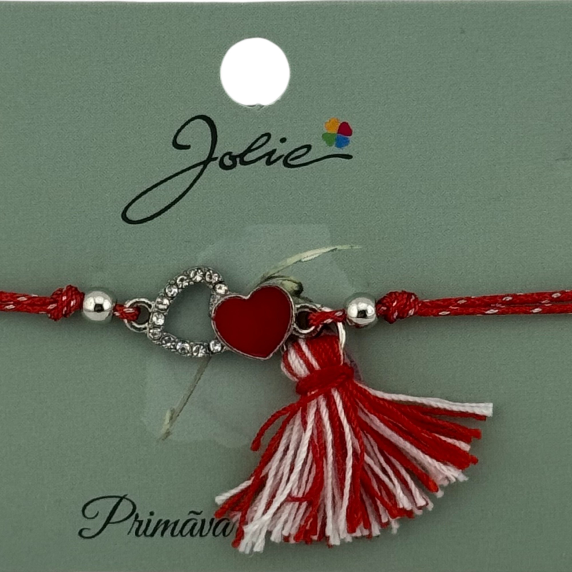 Martisor Bratara Ciucure, Jolie, Snur Rosu Reglabil, Model Doua Inimi, Argintiu-Rosu