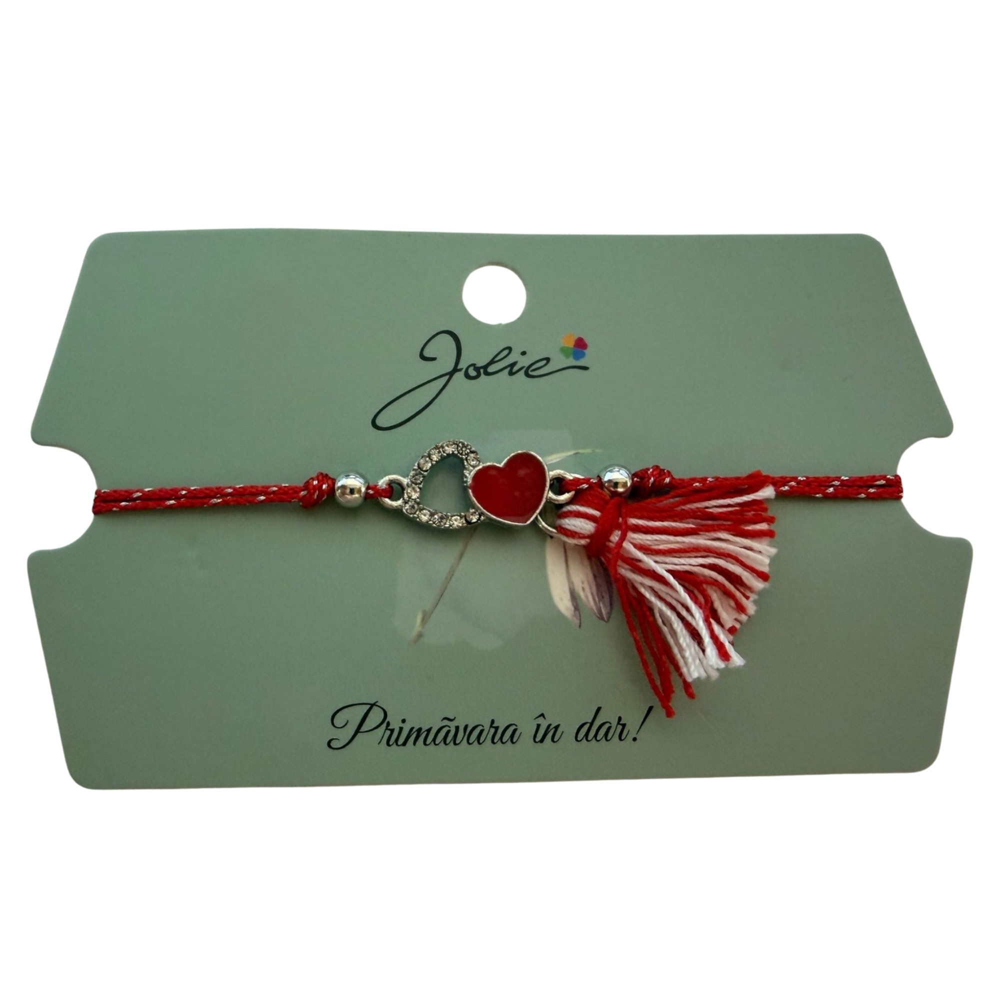 Martisor Bratara Ciucure, Jolie, Snur Rosu Reglabil, Model Doua Inimi, Argintiu-Rosu