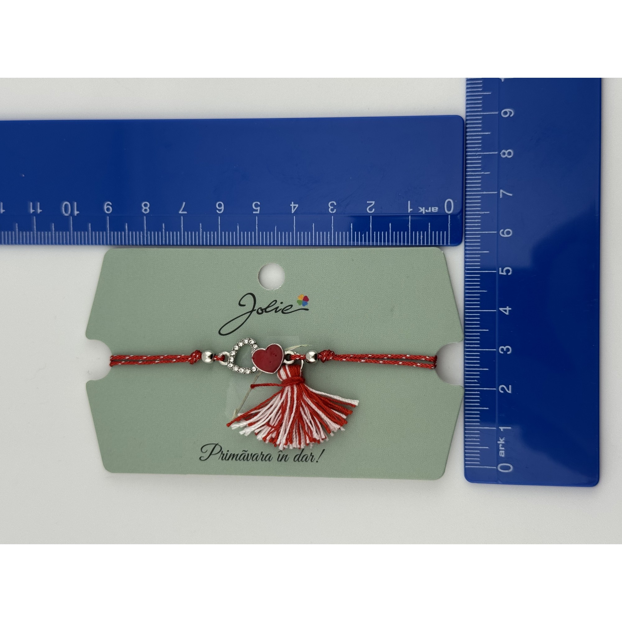 Martisor Bratara Ciucure, Jolie, Snur Rosu Reglabil, Model Doua Inimi, Argintiu-Rosu