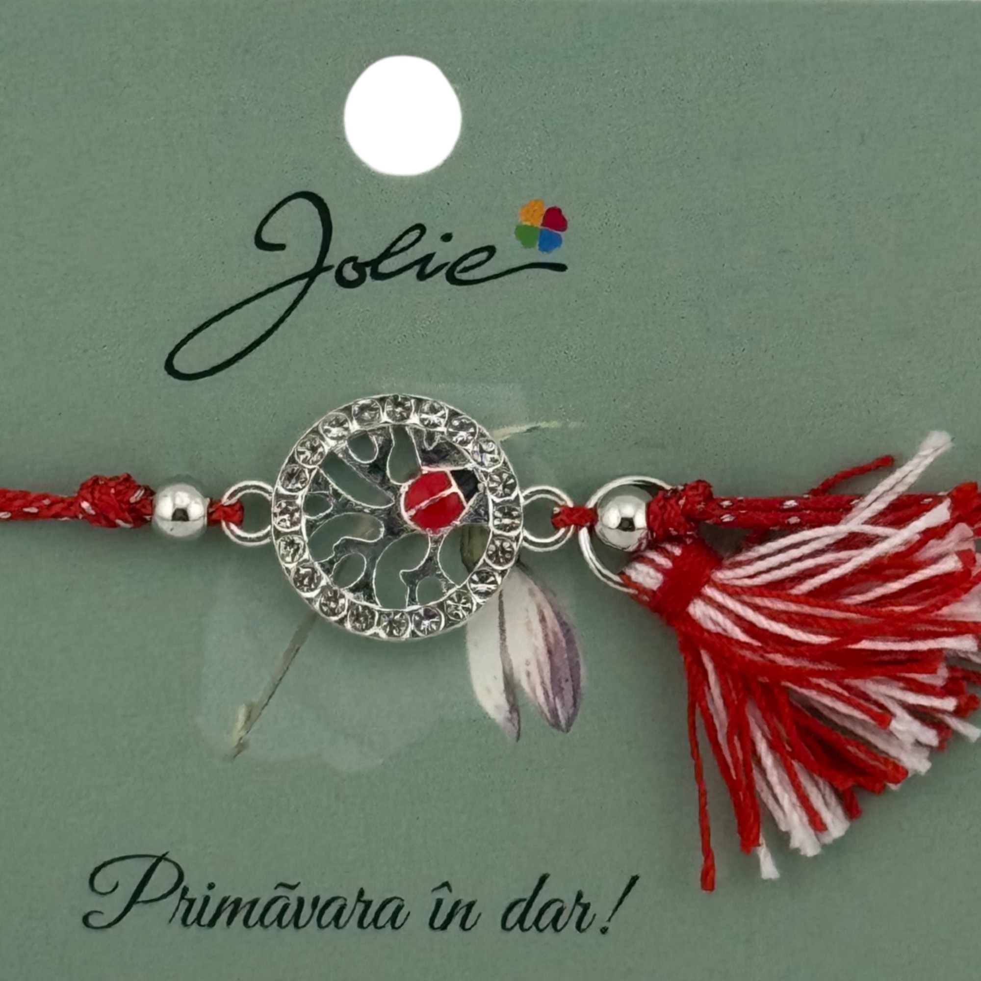 Martisor Bratara Ciucure, Jolie, Snur Rosu Reglabil, Model Buburuza, Argintie