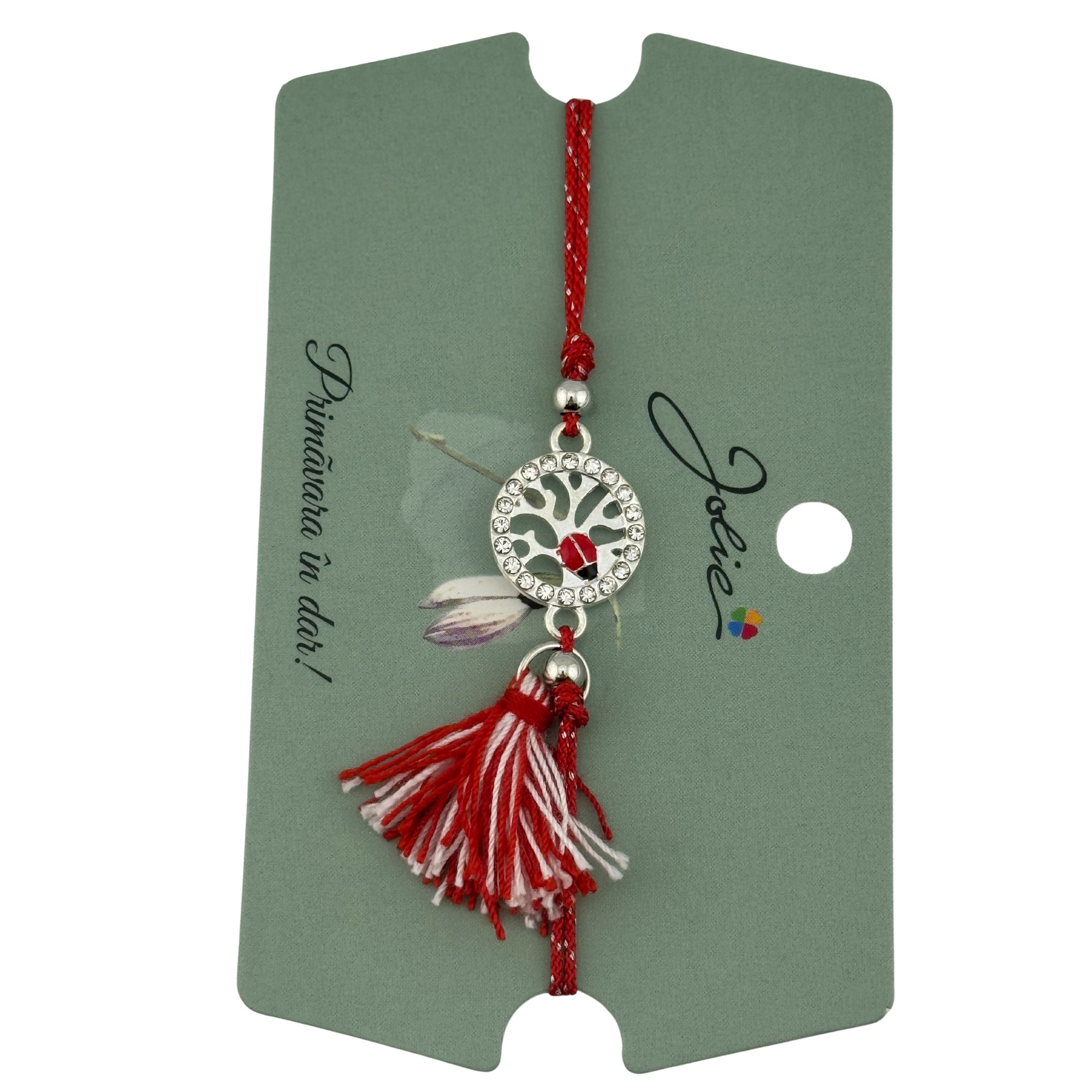 Martisor Bratara Ciucure, Jolie, Snur Rosu Reglabil, Model Buburuza, Argintie