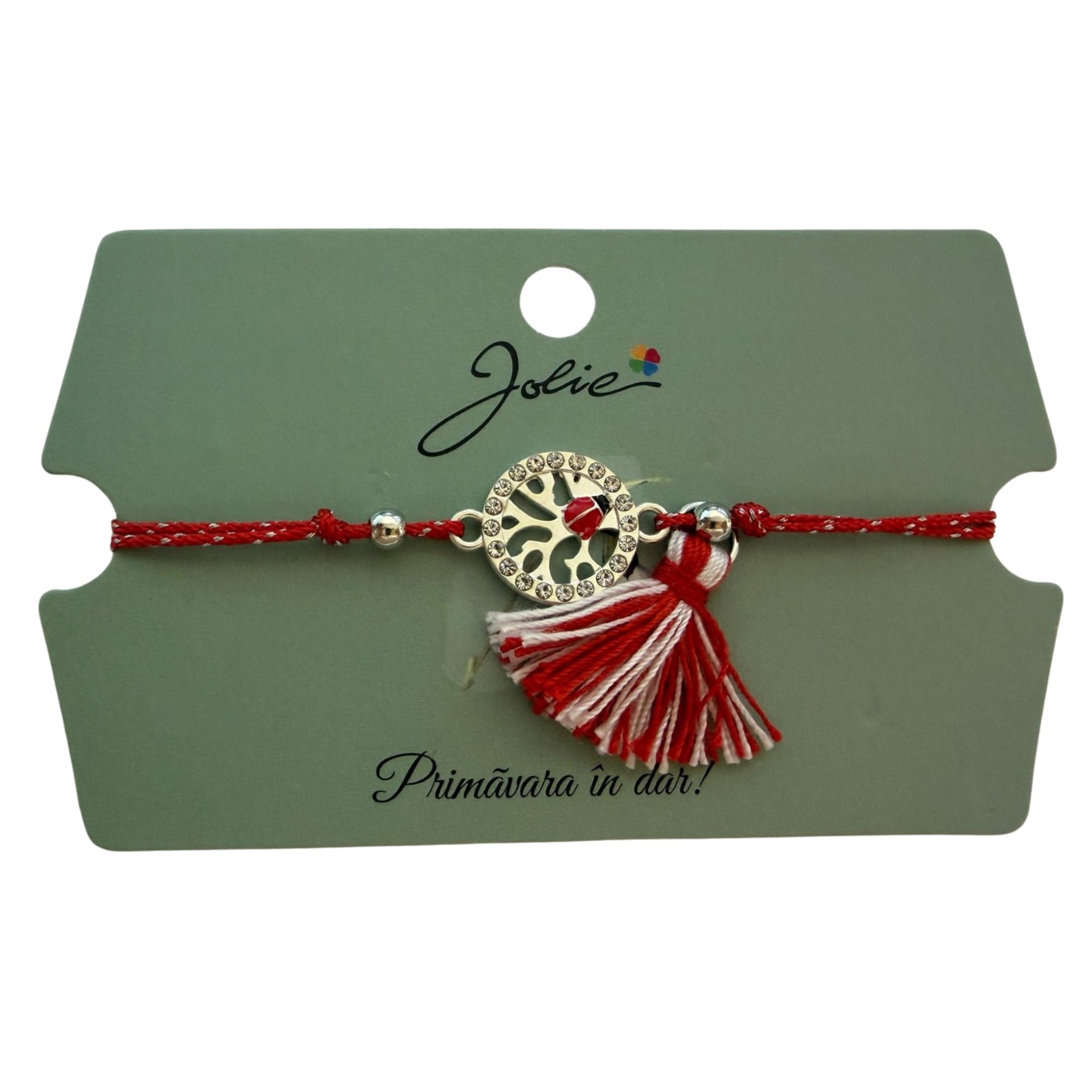 Martisor Bratara Ciucure, Jolie, Snur Rosu Reglabil, Model Buburuza, Argintie