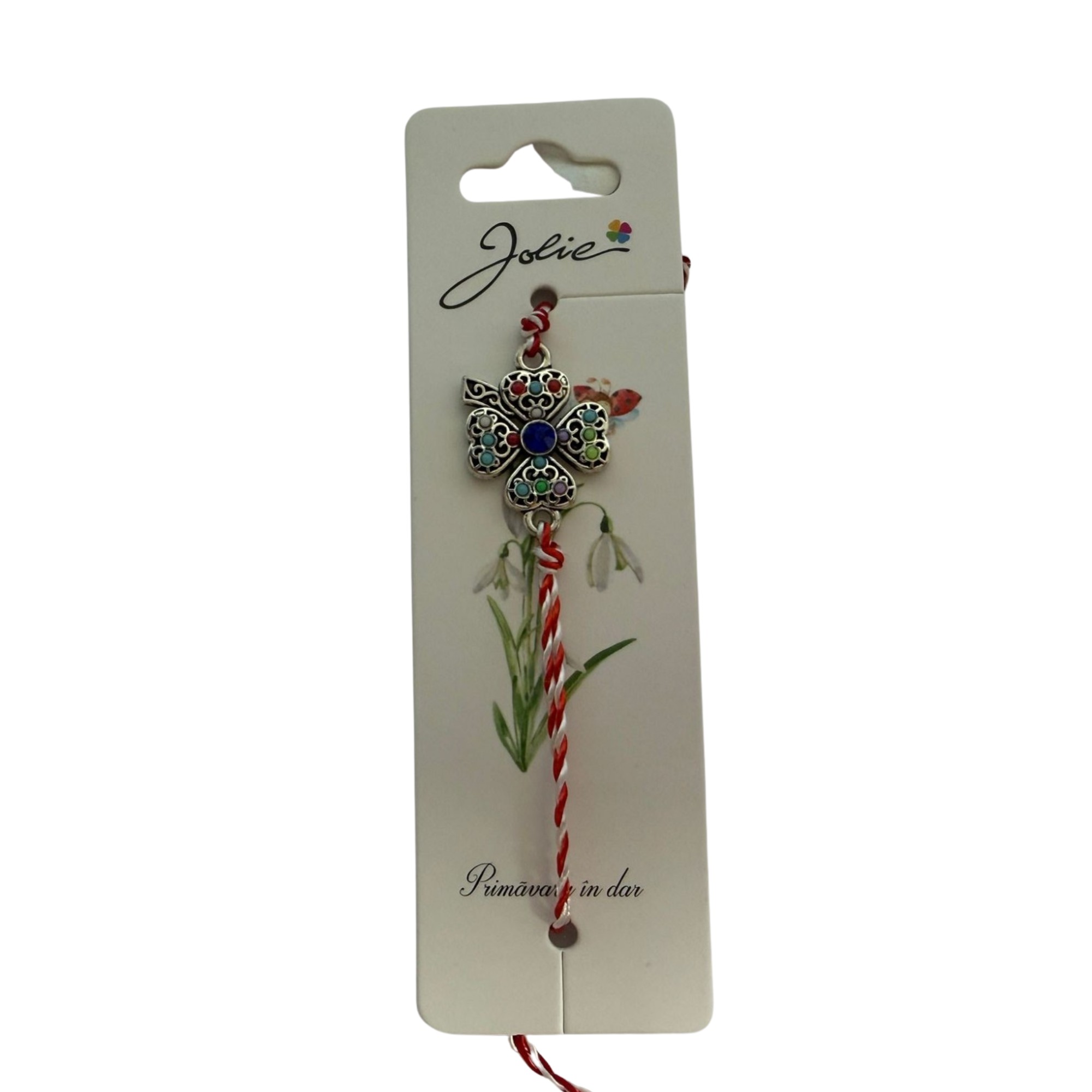 Martisor Bratara cu Snur Alb Rosu Reglabil, Jolie, Model Trifoi cu Patru Foi Multicolor, Jolie