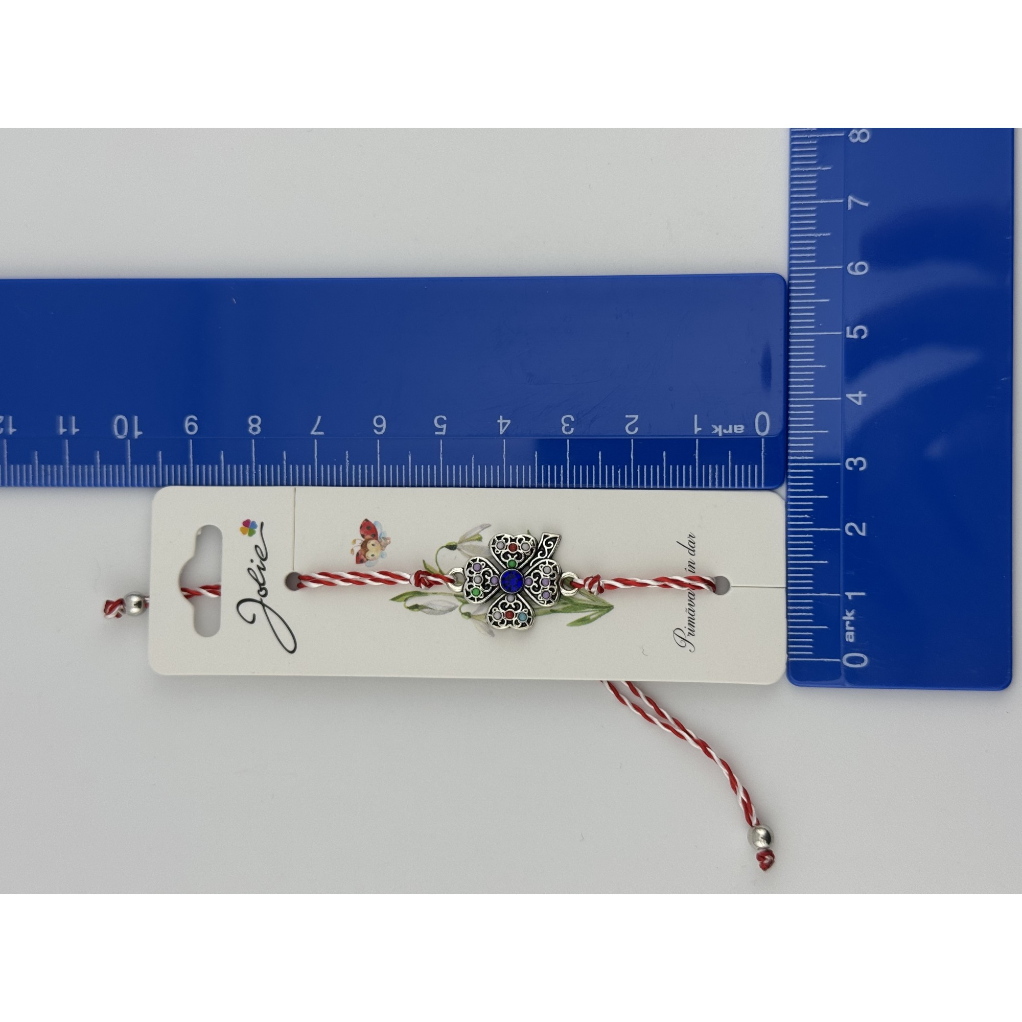 Martisor Bratara cu Snur Alb Rosu Reglabil, Jolie, Model Trifoi cu Patru Foi Multicolor, Jolie