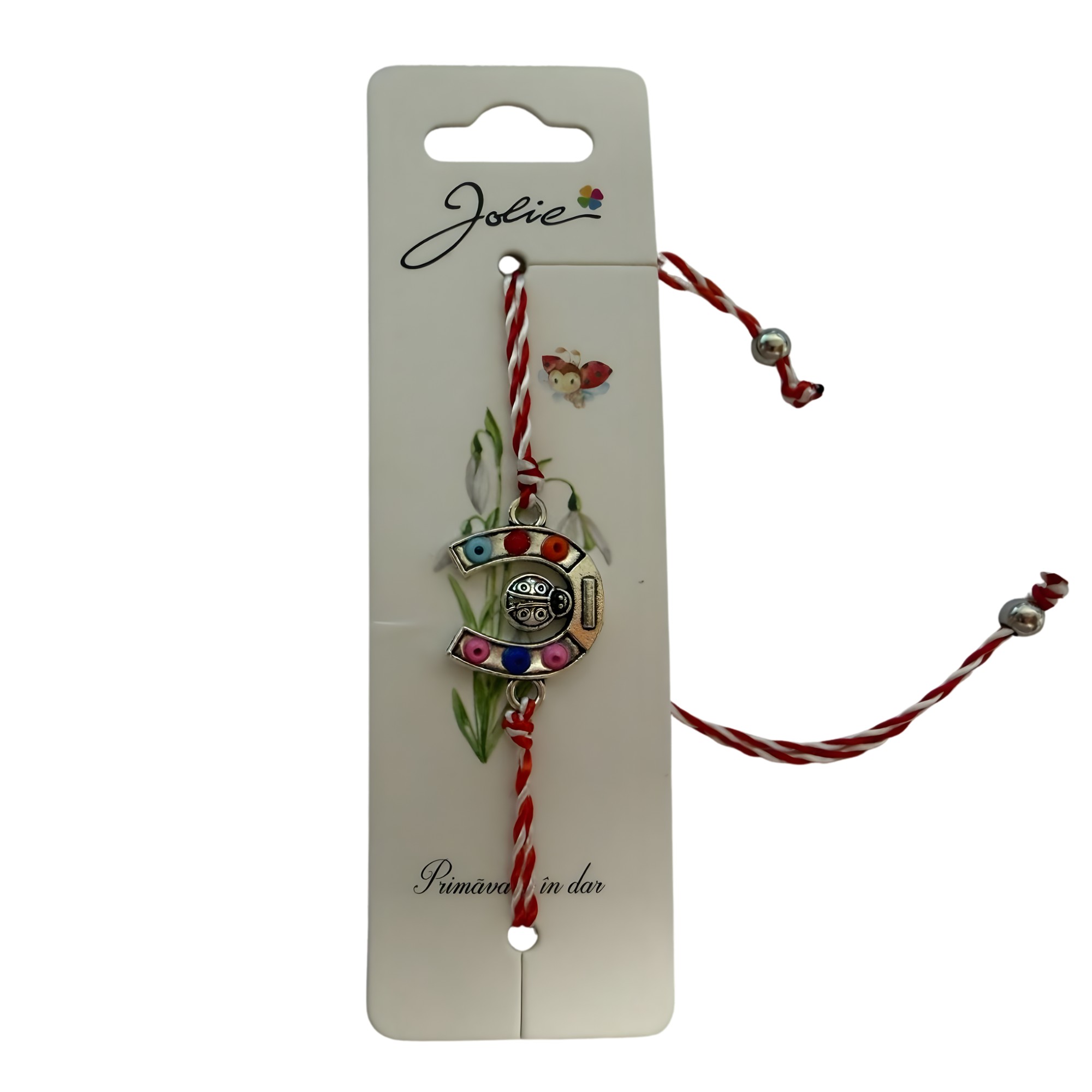 Martisor Bratara cu Snur Alb Rosu Reglabil, Jolie, Model Potcoava Multicolora cu Buburuza, Jolie