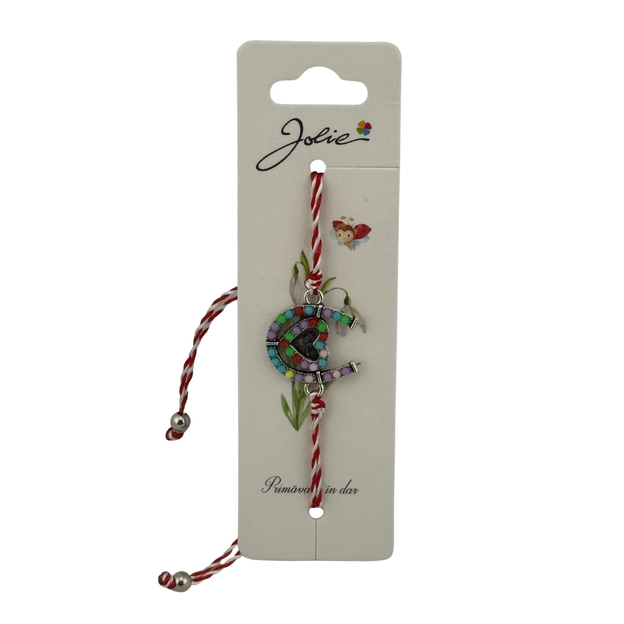 Martisor Bratara cu Snur Alb Rosu Reglabil, Jolie, Model Potcoava Multicolora cu Inimioara, Jolie