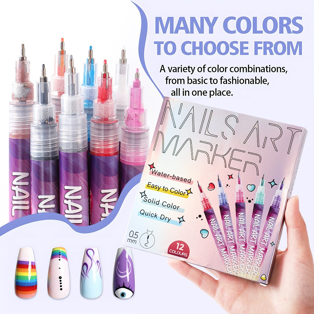 Kit Nail Art, Flippy, Set 12 Markere Acrilice Pentru Unghii, Varf Ultra Fin 0.5 mm, 13 x 10 cm, Multicolor