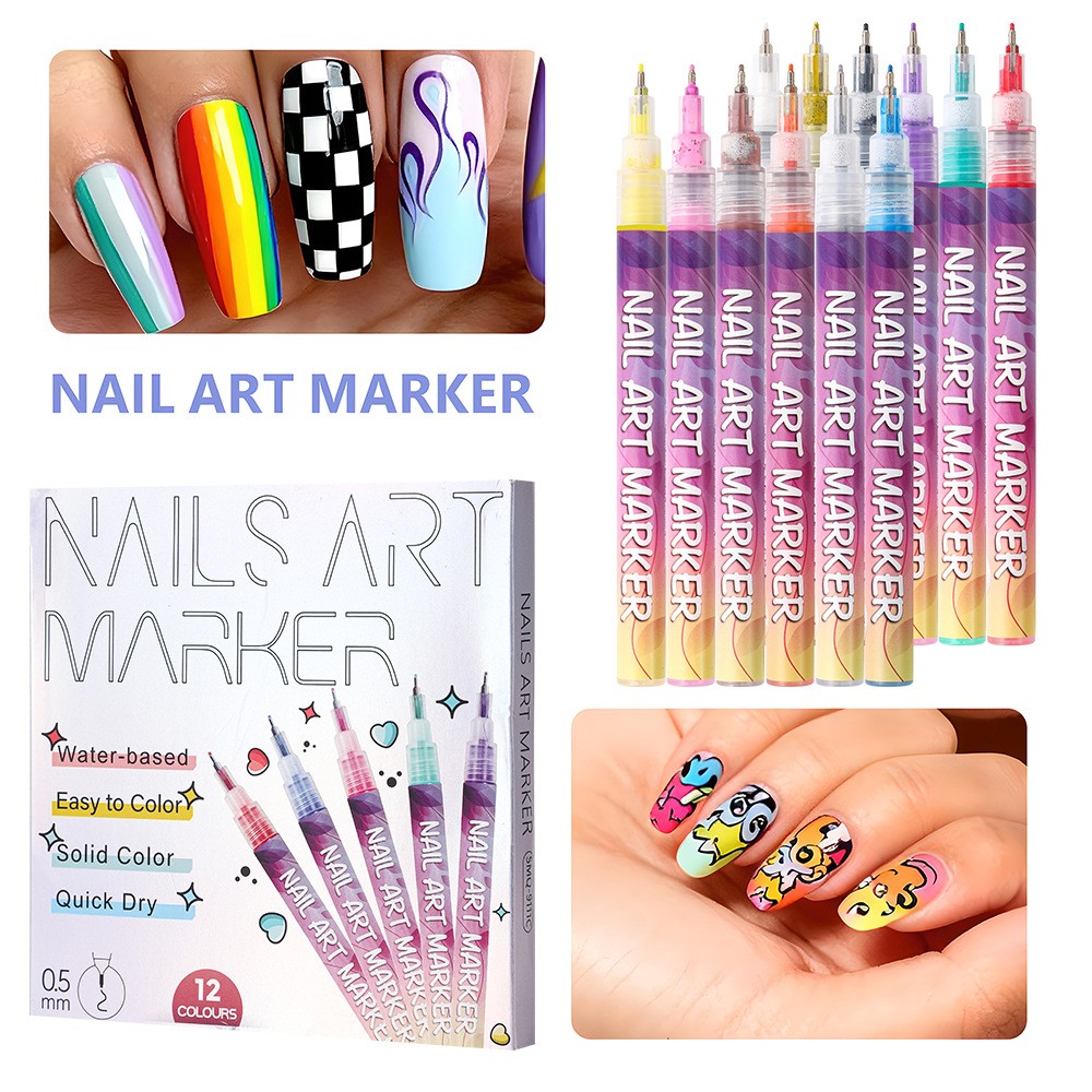 Kit Nail Art, Flippy, Set 12 Markere Acrilice Pentru Unghii, Varf Ultra Fin 0.5 mm, 13 x 10 cm, Multicolor