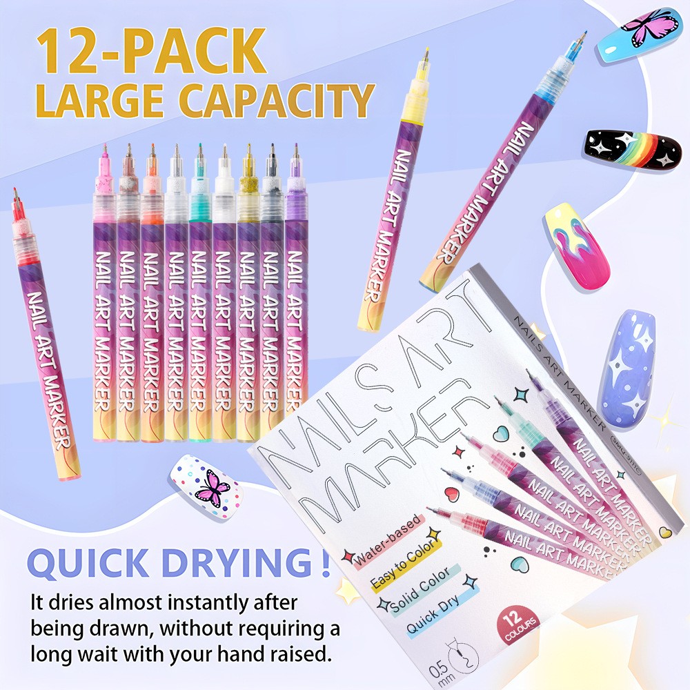 Kit Nail Art, Flippy, Set 12 Markere Acrilice Pentru Unghii, Varf Ultra Fin 0.5 mm, 13 x 10 cm, Multicolor