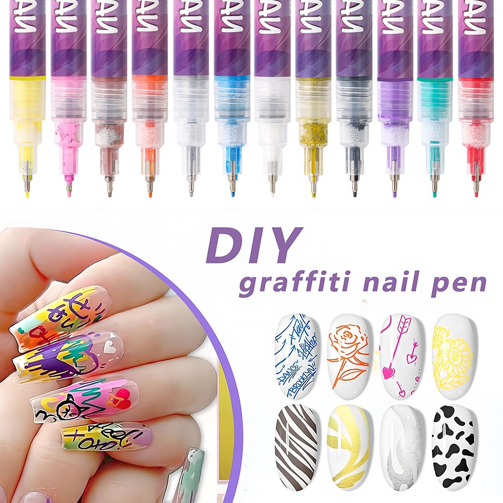 Kit Nail Art, Flippy, Set 12 Markere Acrilice Pentru Unghii, Varf Ultra Fin 0.5 mm, 13 x 10 cm, Multicolor