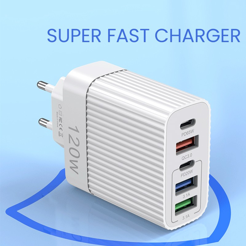 Incarcator Retea pentru Telefon, Flippy, Super Fast Charger Multi-Port, Power Delivery 120W, 3 USB-A, 2 TYPE-C, Compatibil Telefon si Tableta, Alb