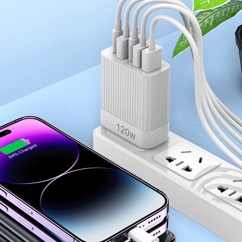 Incarcator Retea pentru Telefon, Flippy, Super Fast Charger Multi-Port, Power Delivery 120W, 3 USB-A, 2 TYPE-C, Compatibil Telefon si Tableta, Alb