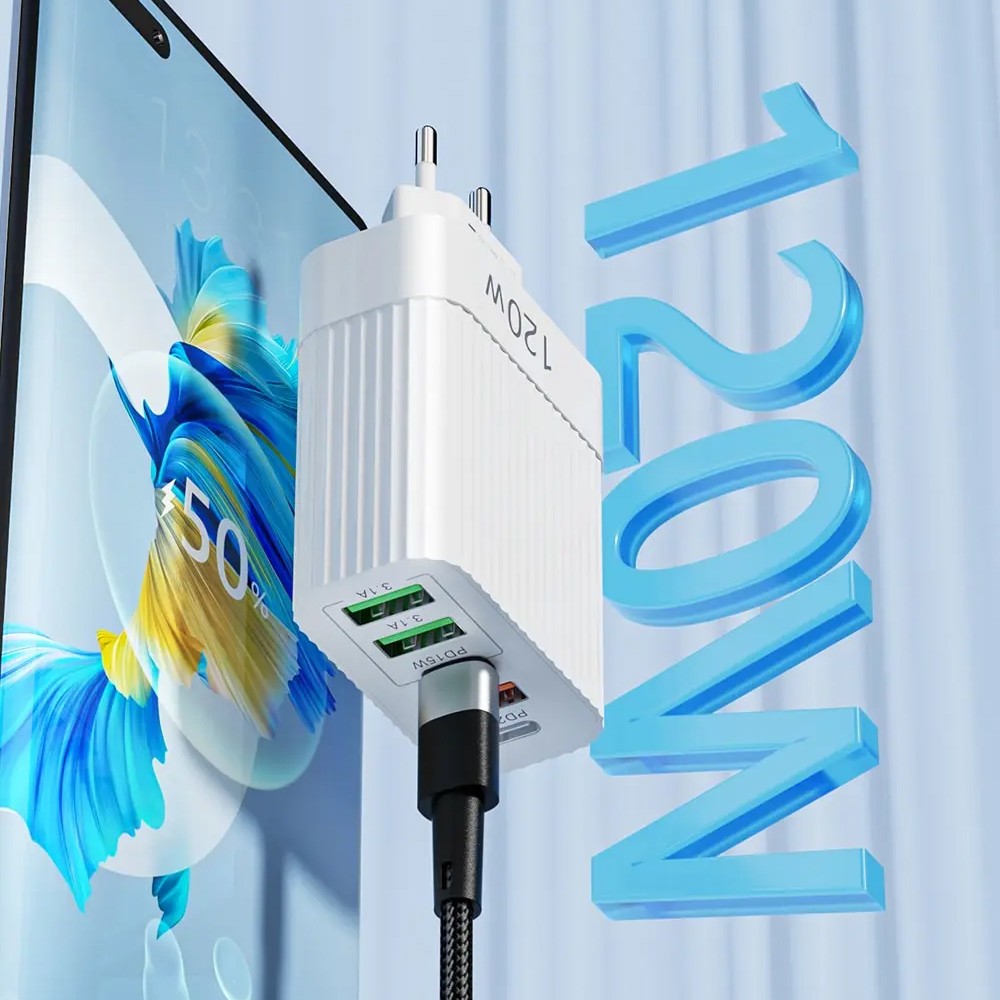 Incarcator Retea pentru Telefon, Flippy, Super Fast Charger Multi-Port, Power Delivery 120W, 3 USB-A, 2 TYPE-C, Compatibil Telefon si Tableta, Alb