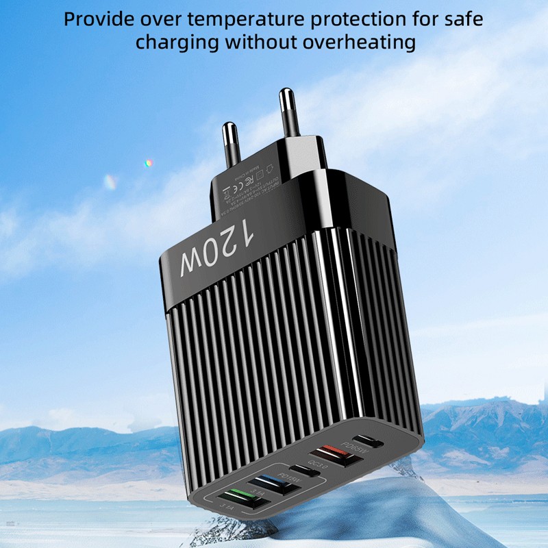 Incarcator Retea pentru Telefon, Flippy, Super Fast Charger Multi-Port, Power Delivery 120W, 3 USB-A, 2 TYPE-C, Compatibil Telefon si Tableta, Negru