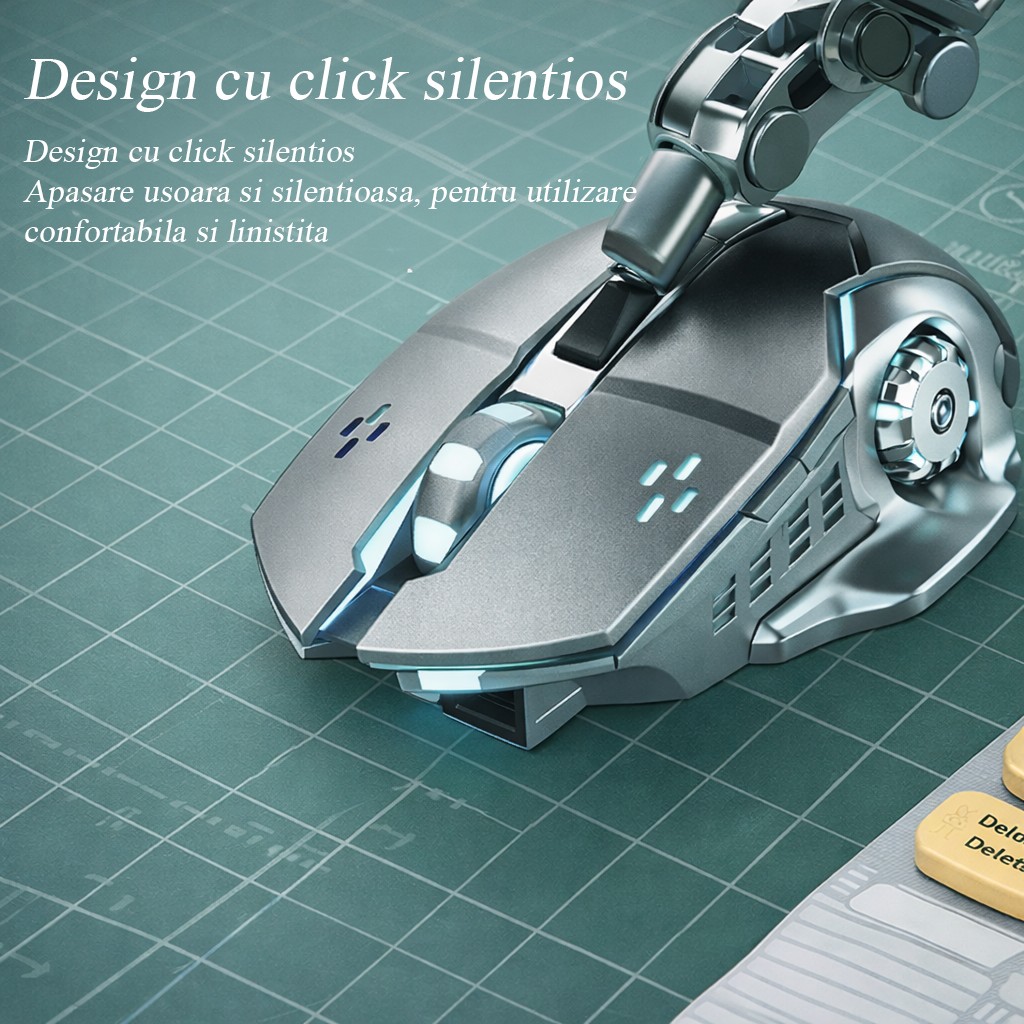 Mouse Wireless, Flippy, 6 Butoane, DPI Ajustabil 1200-3600, Iluminare RGB Tip Breathing, Reincarcabil, 138x80x38 mm, Compatibil MacBook/iPad/Laptop, Gri