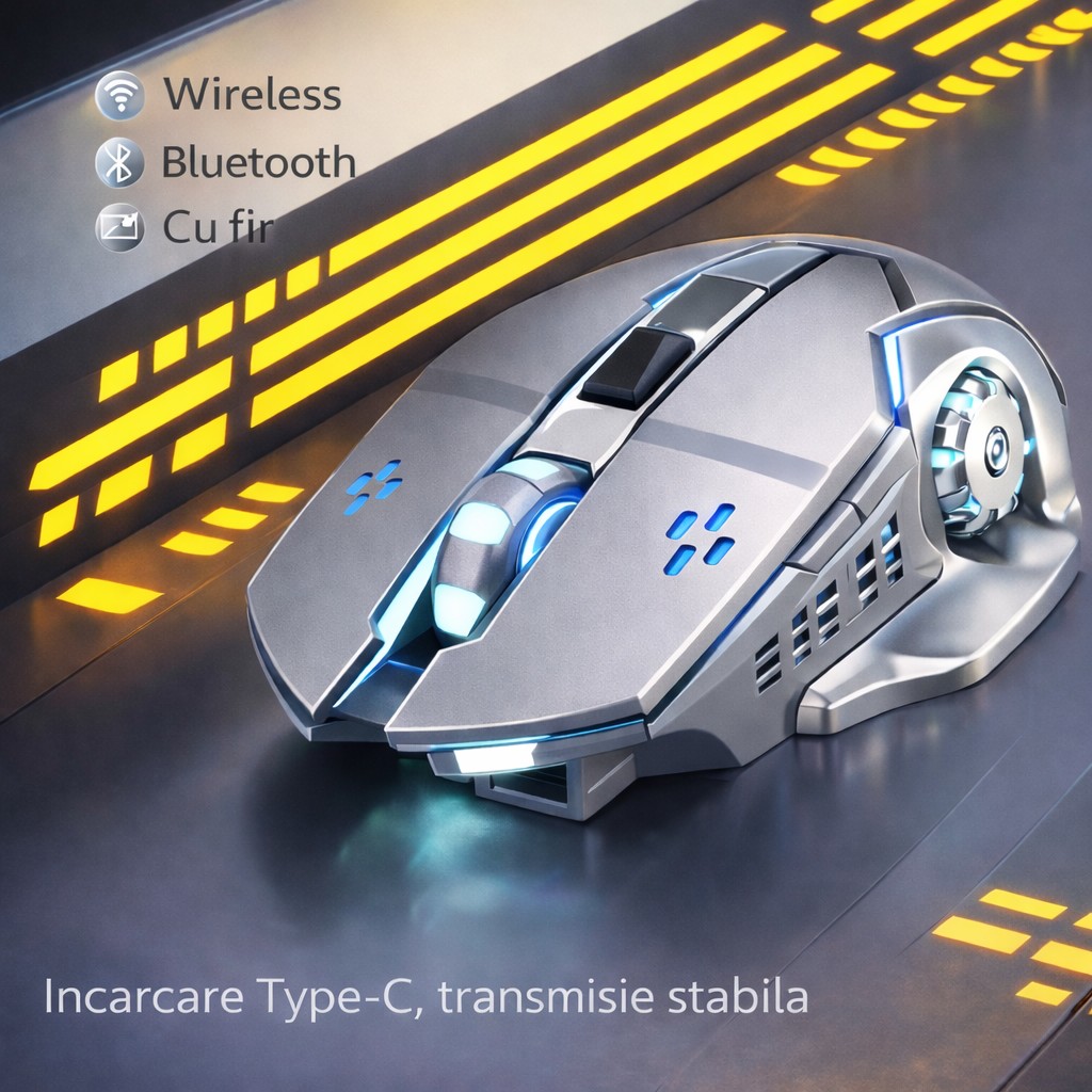 Mouse Wireless, Flippy, 6 Butoane, DPI Ajustabil 1200-3600, Iluminare RGB Tip Breathing, Reincarcabil, 138x80x38 mm, Compatibil MacBook/iPad/Laptop, Gri