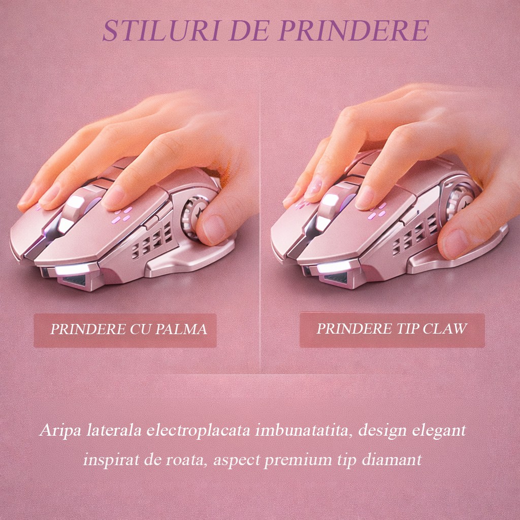 Mouse Wireless, Flippy, 6 Butoane, DPI Ajustabil 1200-3600, Iluminare RGB Tip Breathing, Reincarcabil, 138x80x38 mm, Compatibil MacBook/iPad/Laptop, Roz