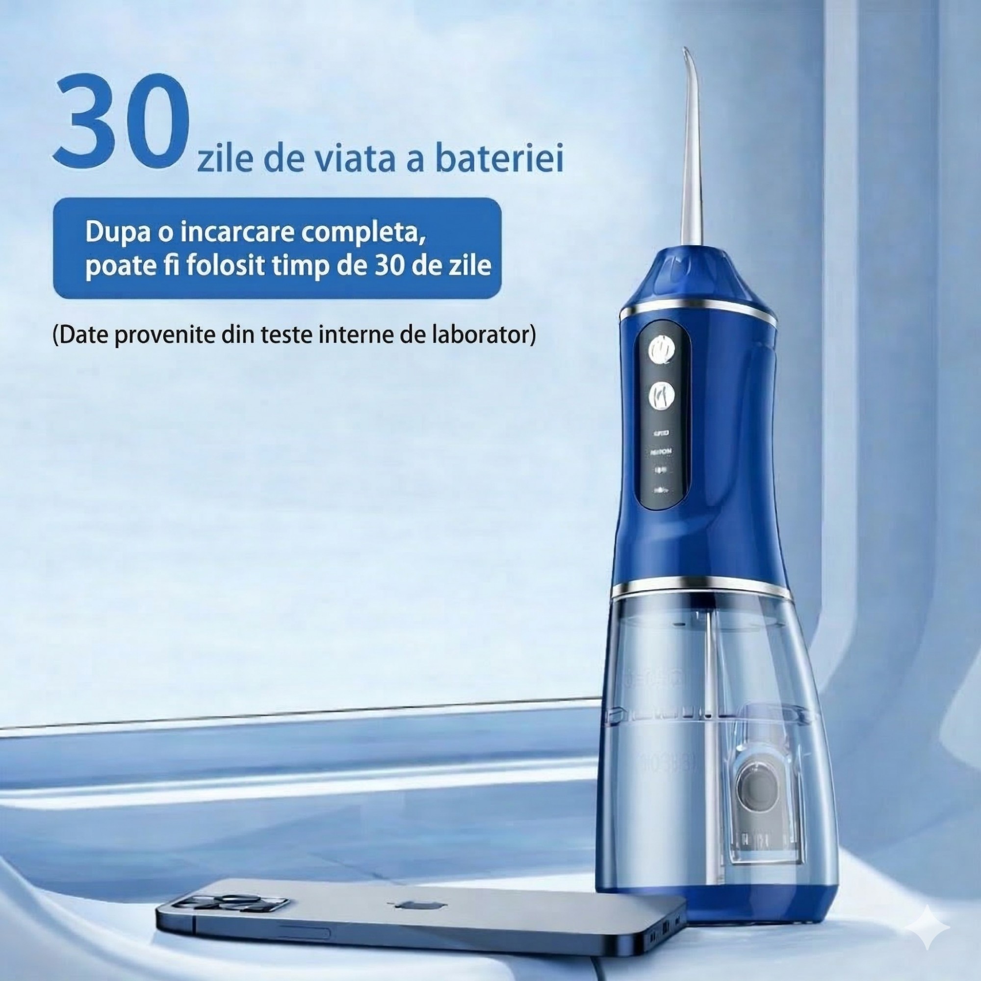 Irigator Bucal Electric, Flippy,  Portabil, Dus Bucal pentru Curatare, Indepartare Tartru, 4 Capete, 25 x 8 x 8 cm, Albastru