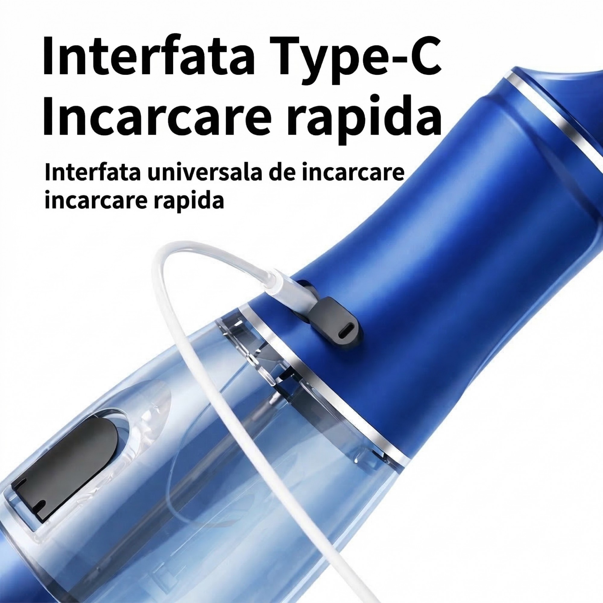 Irigator Bucal Electric, Flippy,  Portabil, Dus Bucal pentru Curatare, Indepartare Tartru, 4 Capete, 25 x 8 x 8 cm, Albastru