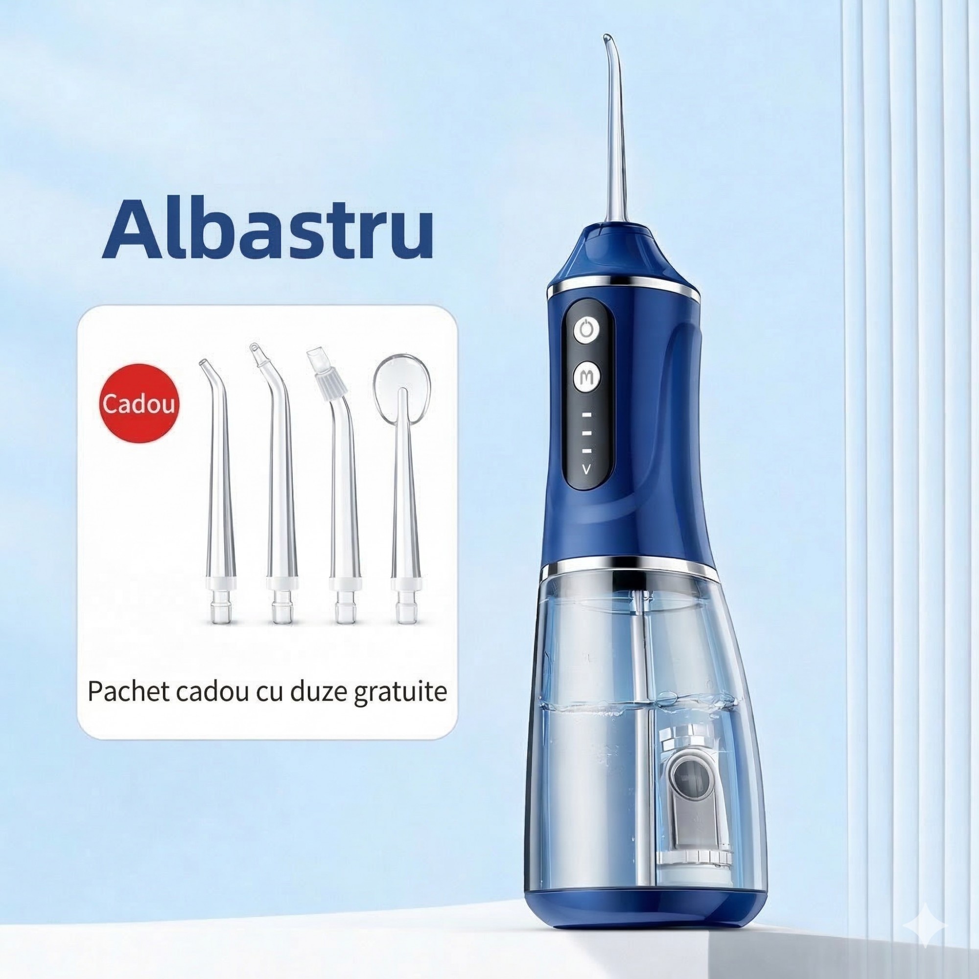 Irigator Bucal Electric, Flippy,  Portabil, Dus Bucal pentru Curatare, Indepartare Tartru, 4 Capete, 25 x 8 x 8 cm, Albastru