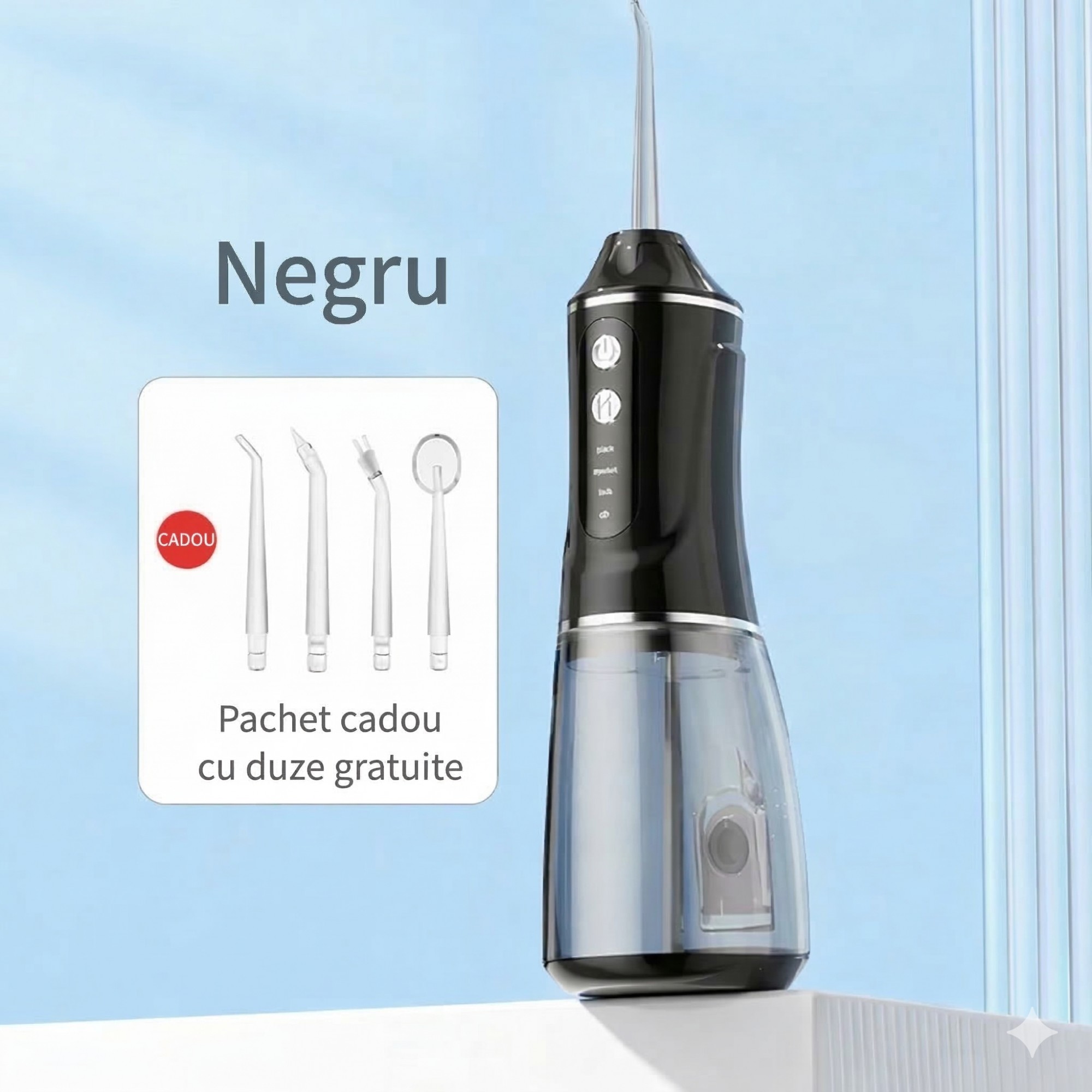 Irigator Bucal Electric, Flippy,  Portabil, Dus Bucal pentru Curatare, Indepartare Tartru, 4 Capete, 25 x 8 x 8 cm, Negru