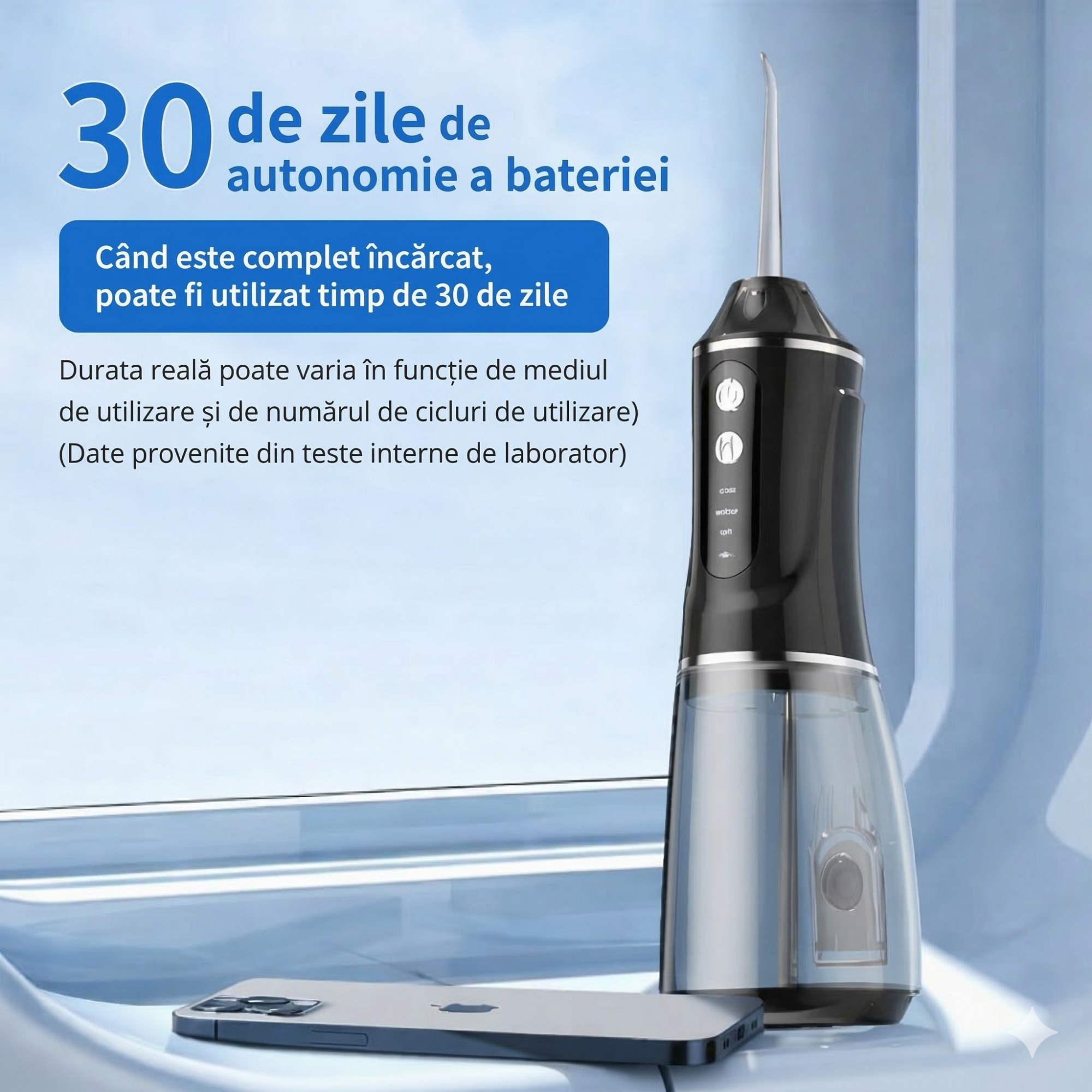 Irigator Bucal Electric, Flippy,  Portabil, Dus Bucal pentru Curatare, Indepartare Tartru, 4 Capete, 25 x 8 x 8 cm, Negru