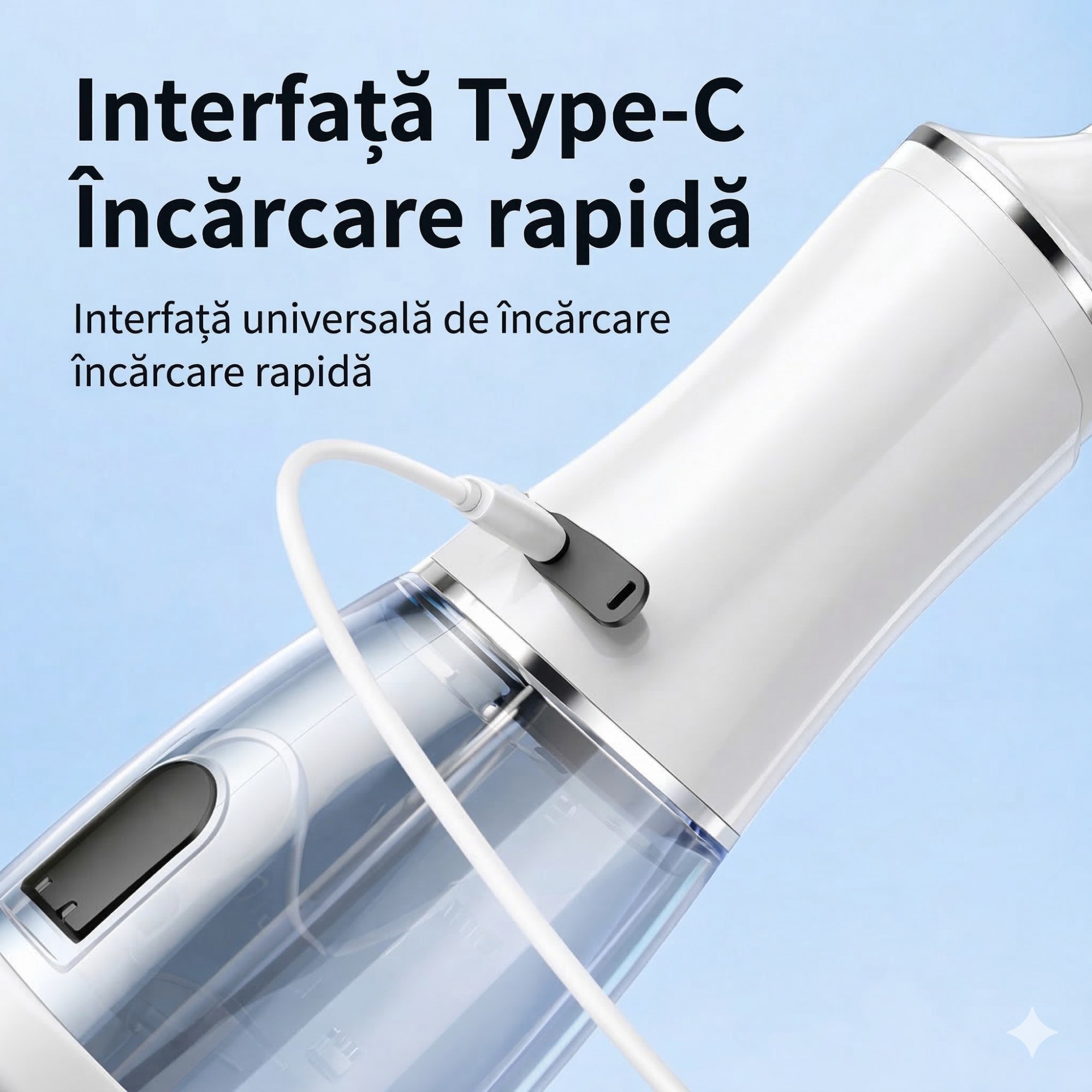 Irigator Bucal Electric, Flippy,  Portabil, Dus Bucal pentru Curatare, Indepartare Tartru, 4 Capete, 25 x 8 x 8 cm, Alb