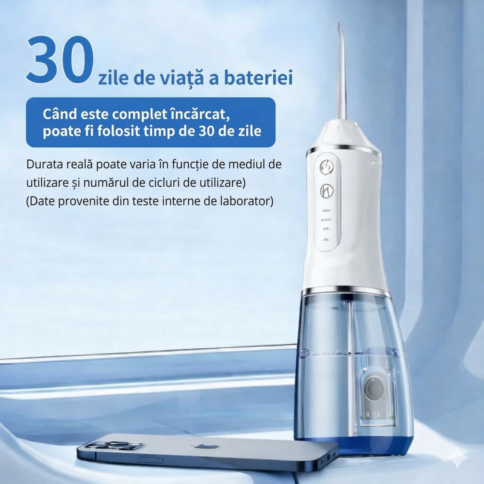 Irigator Bucal Electric, Flippy,  Portabil, Dus Bucal pentru Curatare, Indepartare Tartru, 4 Capete, 25 x 8 x 8 cm, Alb