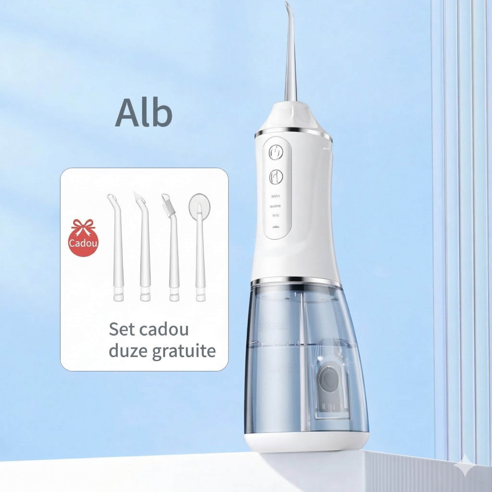 Irigator Bucal Electric, Flippy,  Portabil, Dus Bucal pentru Curatare, Indepartare Tartru, 4 Capete, 25 x 8 x 8 cm, Alb