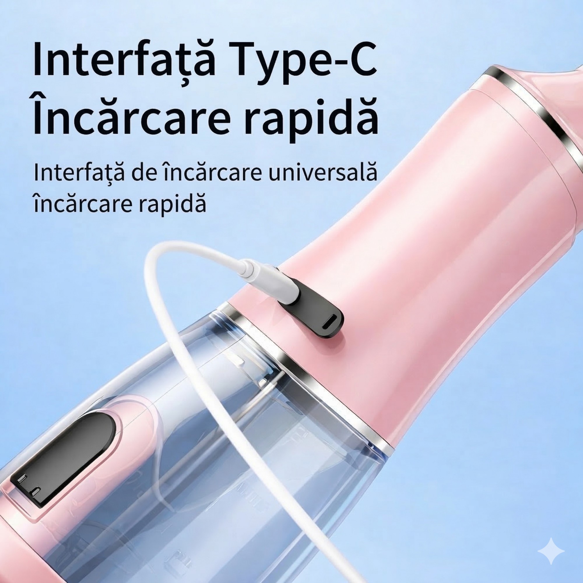 Irigator Bucal Electric, Flippy,  Portabil, Dus Bucal pentru Curatare, Indepartare Tartru, 4 Capete, 25 x 8 x 8 cm, Roz