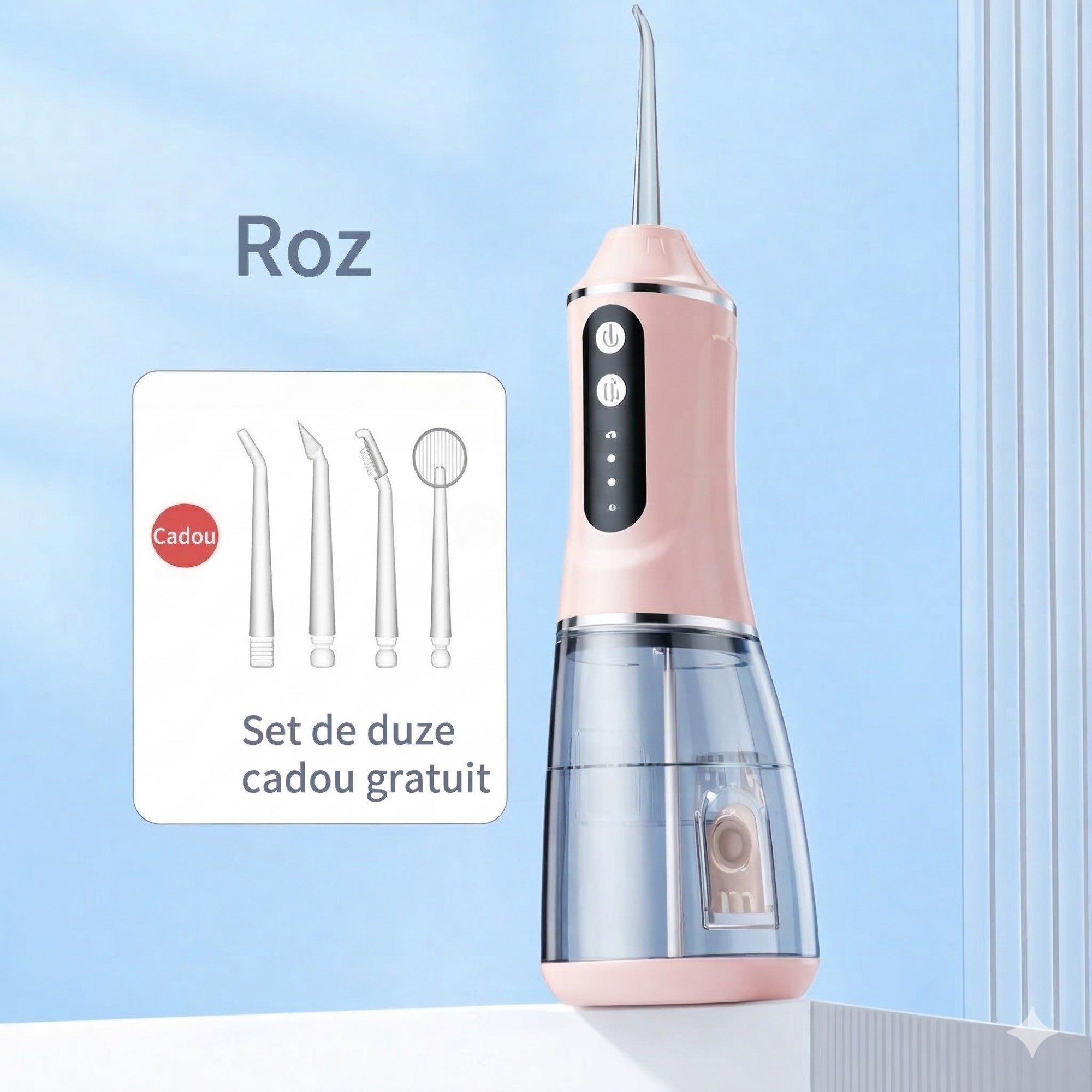 Irigator Bucal Electric, Flippy,  Portabil, Dus Bucal pentru Curatare, Indepartare Tartru, 4 Capete, 25 x 8 x 8 cm, Roz