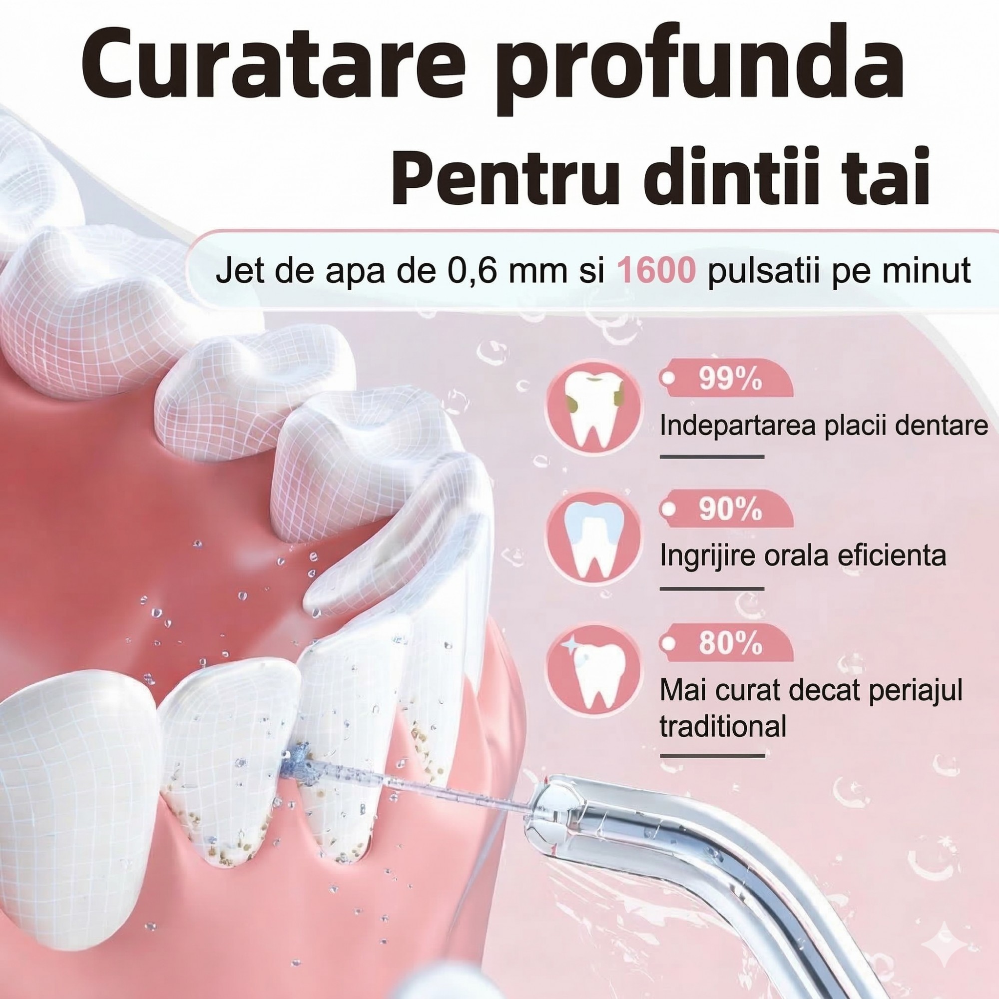 Irigator Bucal Electric, Flippy,  Portabil, Dus Bucal pentru Curatare, Indepartare Tartru, 4 Capete, 25 x 8 x 8 cm, Roz