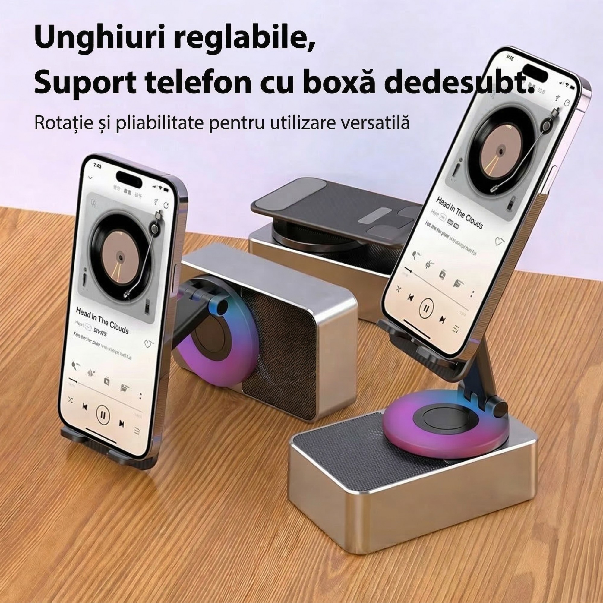 Suport Telefon cu Boxa Bluetooth, Flippy, Wireless, Rotativ 360°, Pliabil, 5 W, Acumulator 1500 mAh, USB Type-C, 12,2 x 7,4 x 5,8 cm, Negru