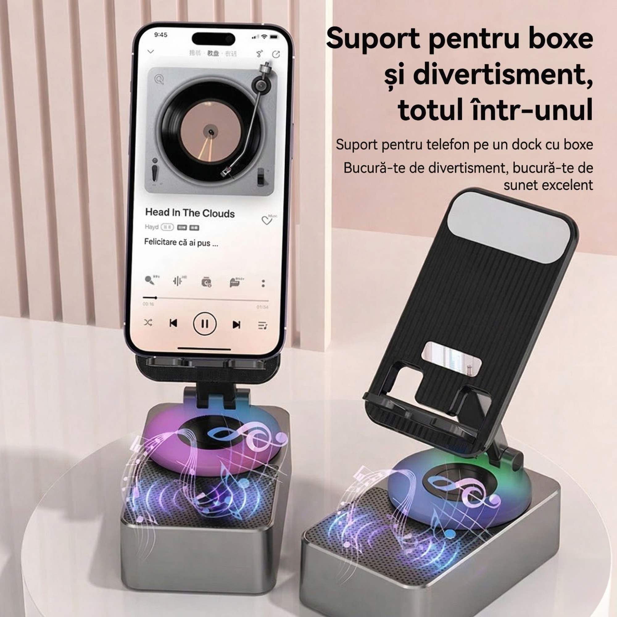 Suport Telefon cu Boxa Bluetooth, Flippy, Wireless, Rotativ 360°, Pliabil, 5 W, Acumulator 1500 mAh, USB Type-C, 12,2 x 7,4 x 5,8 cm, Negru