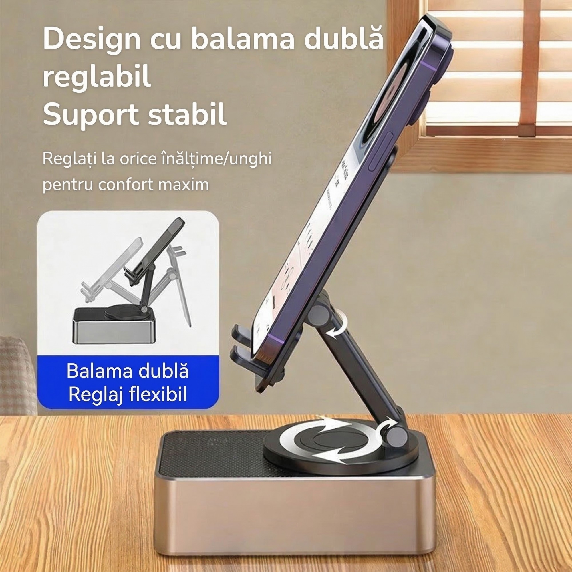 Suport Telefon cu Boxa Bluetooth, Flippy, Wireless, Rotativ 360°, Pliabil, 5 W, Acumulator 1500 mAh, USB Type-C, 12,2 x 7,4 x 5,8 cm, Negru